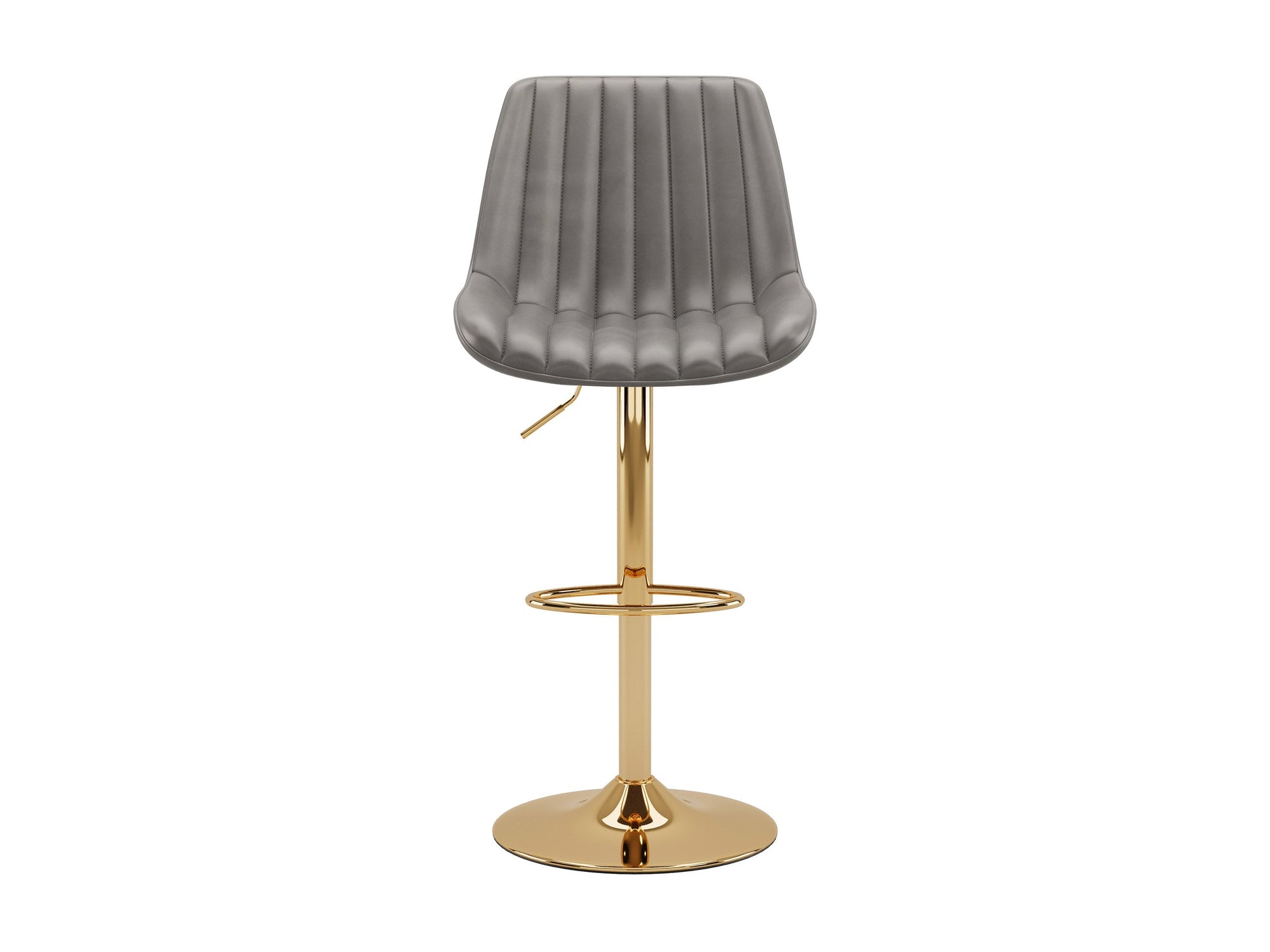 Alt Text: Set of 2 adjustable gold bar stools with grey cushioned seats, featuring sleek metal frames and footrests, perfect for modern kitchen or bar areas.