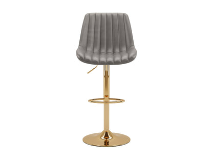 Alt Text: Set of 2 adjustable gold bar stools with grey cushioned seats, featuring sleek metal frames and footrests, perfect for modern kitchen or bar areas.