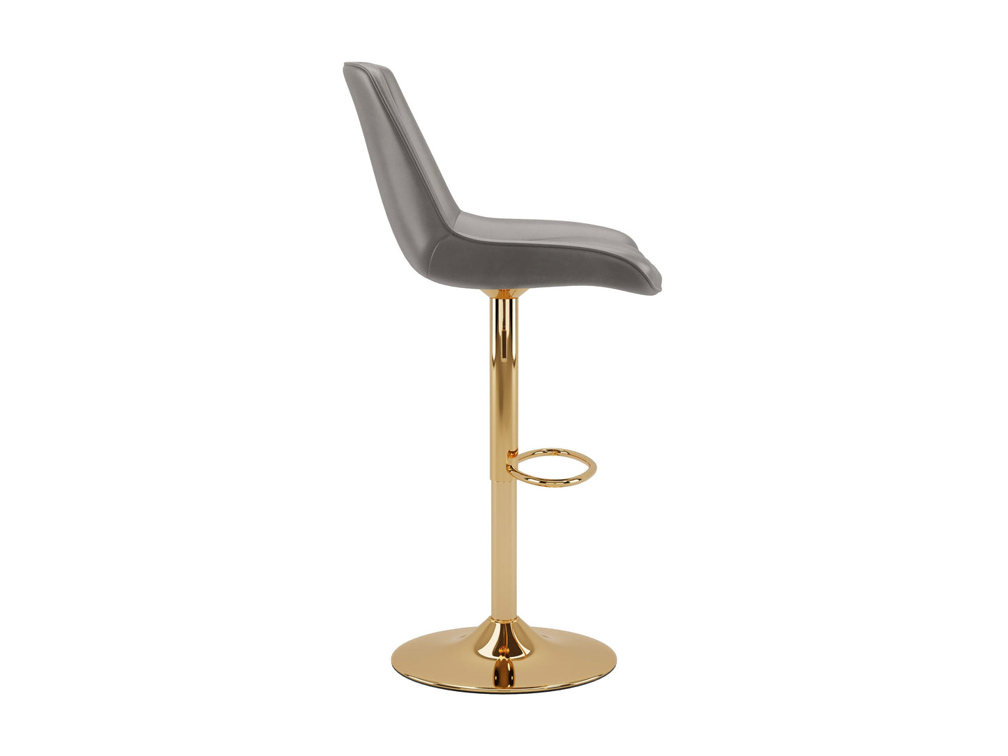 Alt Text: Set of 2 adjustable gold bar stools with grey cushioned seats, featuring sleek metal frames and footrests, perfect for modern kitchen or bar areas.