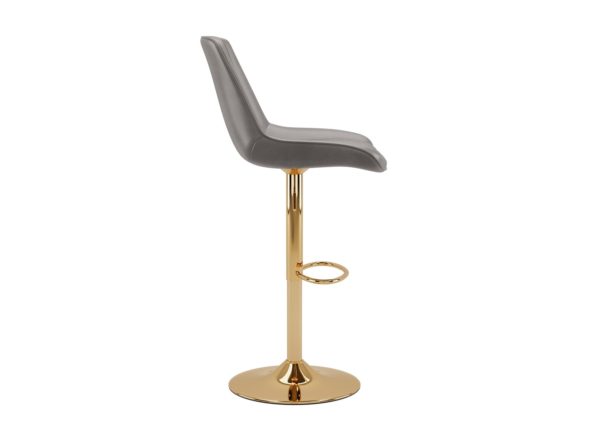 Alt Text: Set of 2 adjustable gold bar stools with grey cushioned seats, featuring sleek metal frames and footrests, perfect for modern kitchen or bar areas.