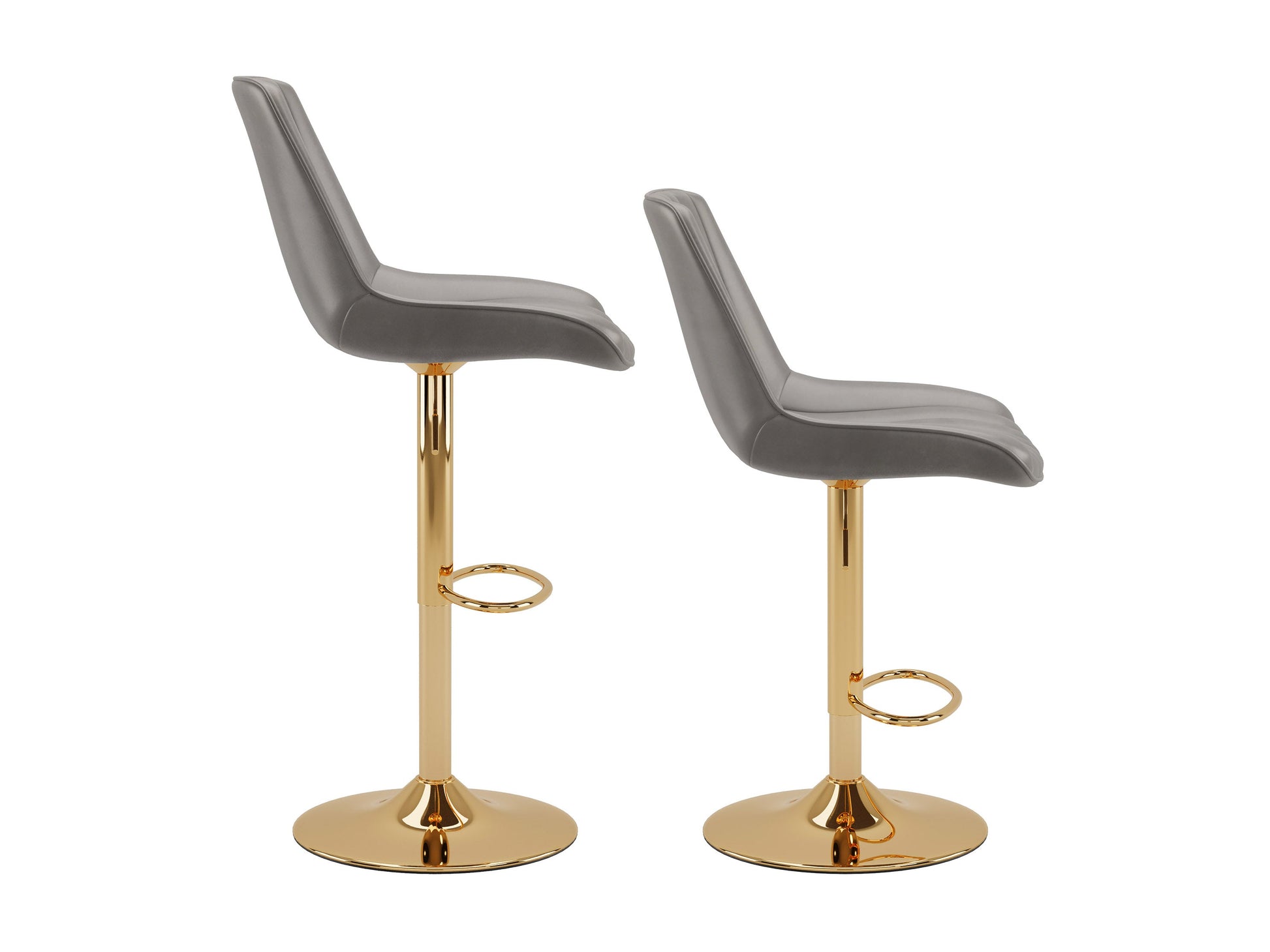 Alt Text: Set of 2 adjustable gold bar stools with grey cushioned seats, featuring sleek metal frames and footrests, perfect for modern kitchen or bar areas.