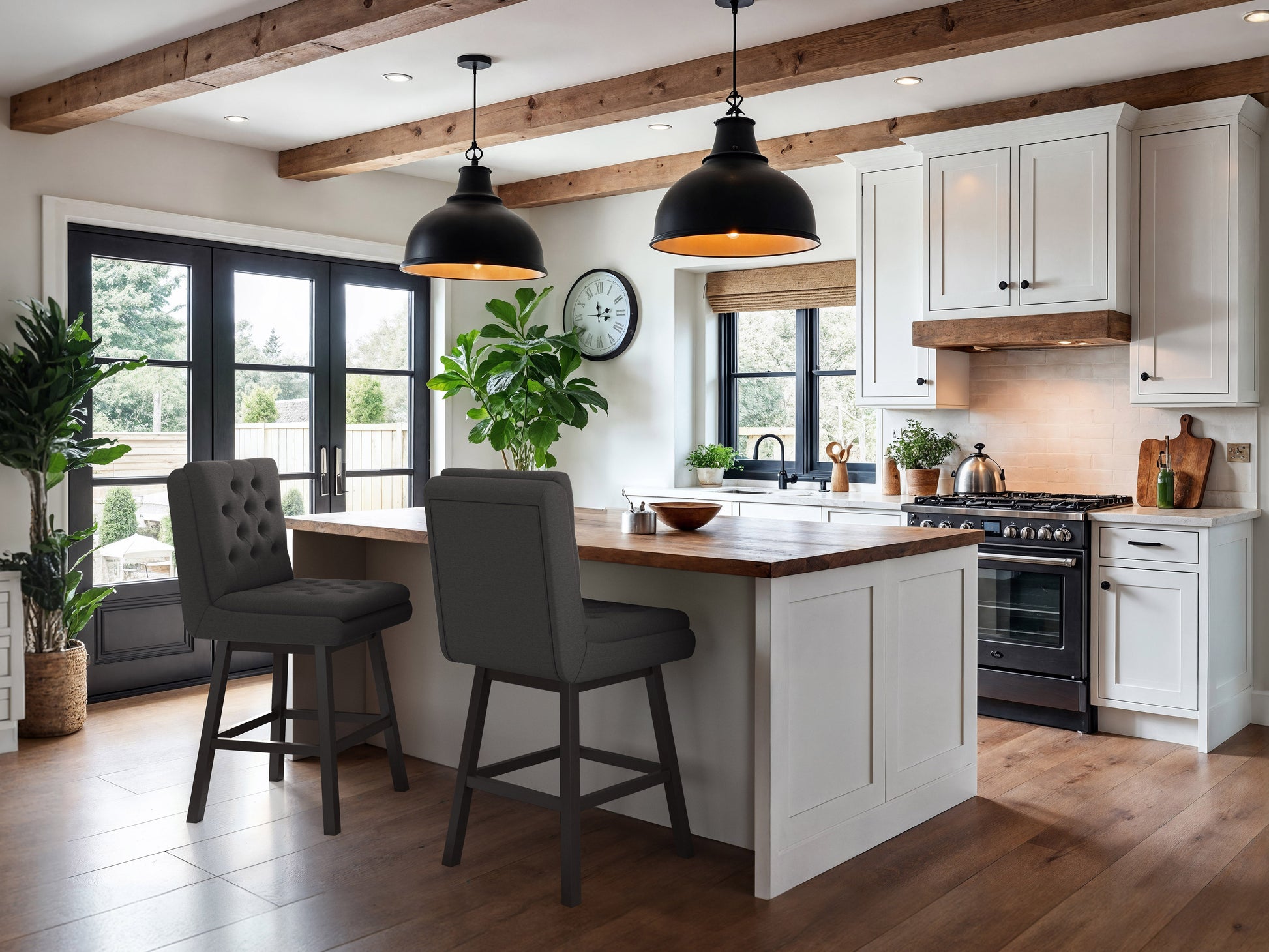 Dark grey button tufted bar stools with wooden legs and footrest, featuring plush fabric upholstery and a classic design, perfect for modern and contemporary kitchen or bar settings.