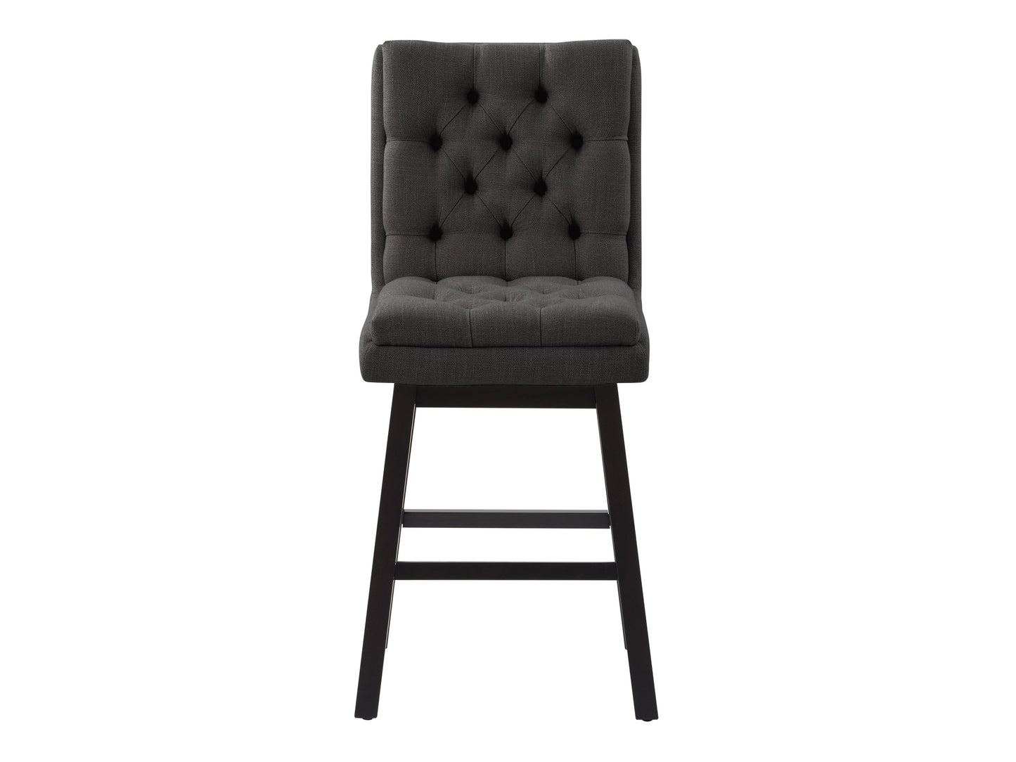 Dark grey button tufted bar stools with wooden legs and footrest, featuring plush fabric upholstery and a classic design, perfect for modern and contemporary kitchen or bar settings.