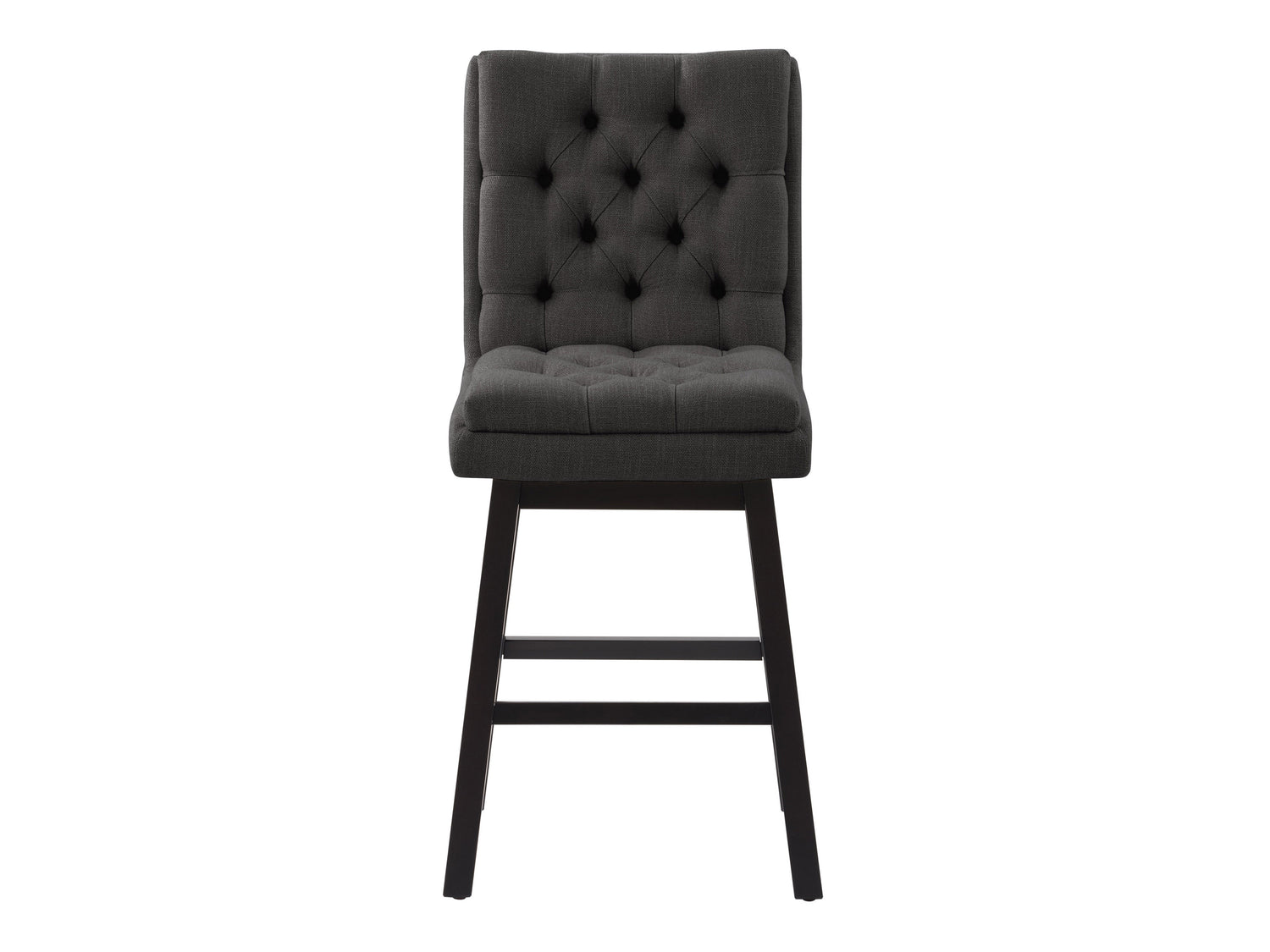 Dark grey button tufted bar stools with wooden legs and footrest, featuring plush fabric upholstery and a classic design, perfect for modern and contemporary kitchen or bar settings.