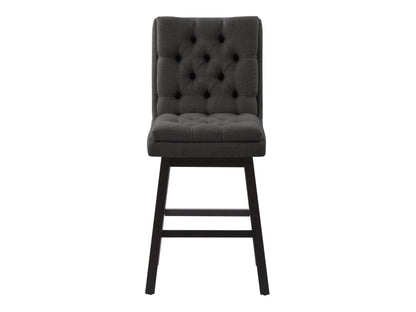 Dark grey button tufted bar stools with wooden legs and footrest, featuring plush fabric upholstery and a classic design, perfect for modern and contemporary kitchen or bar settings.