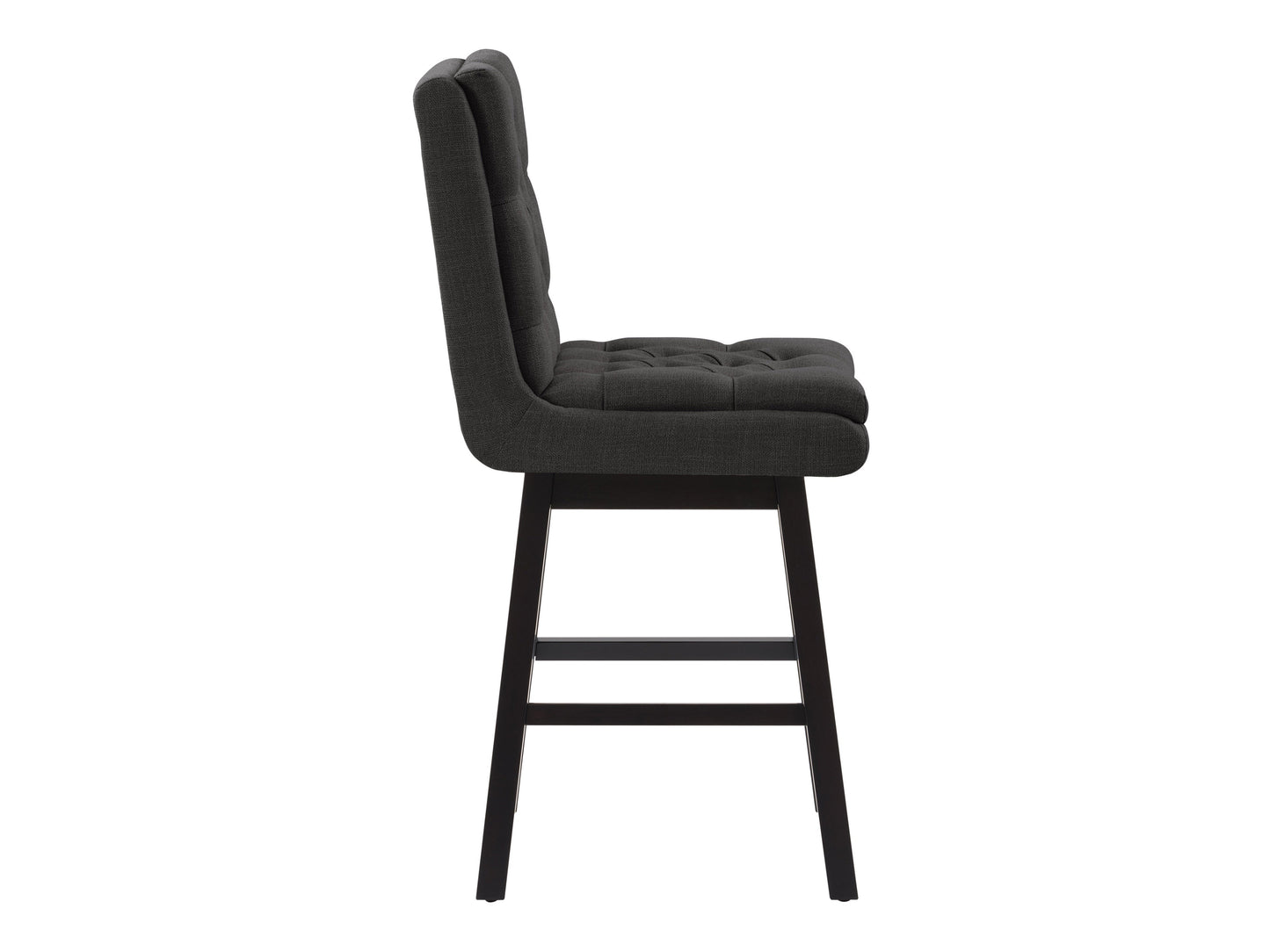 Dark grey button tufted bar stools with wooden legs and footrest, featuring plush fabric upholstery and a classic design, perfect for modern and contemporary kitchen or bar settings.
