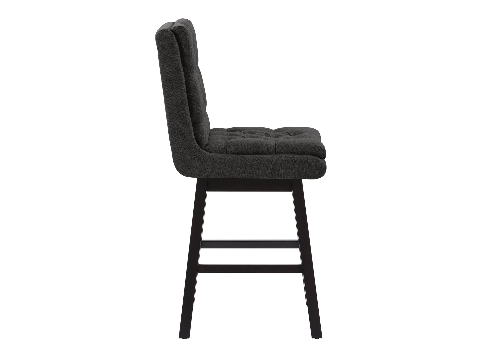 Dark grey button tufted bar stools with wooden legs and footrest, featuring plush fabric upholstery and a classic design, perfect for modern and contemporary kitchen or bar settings.
