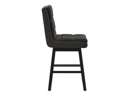 Dark grey button tufted bar stools with wooden legs and footrest, featuring plush fabric upholstery and a classic design, perfect for modern and contemporary kitchen or bar settings.