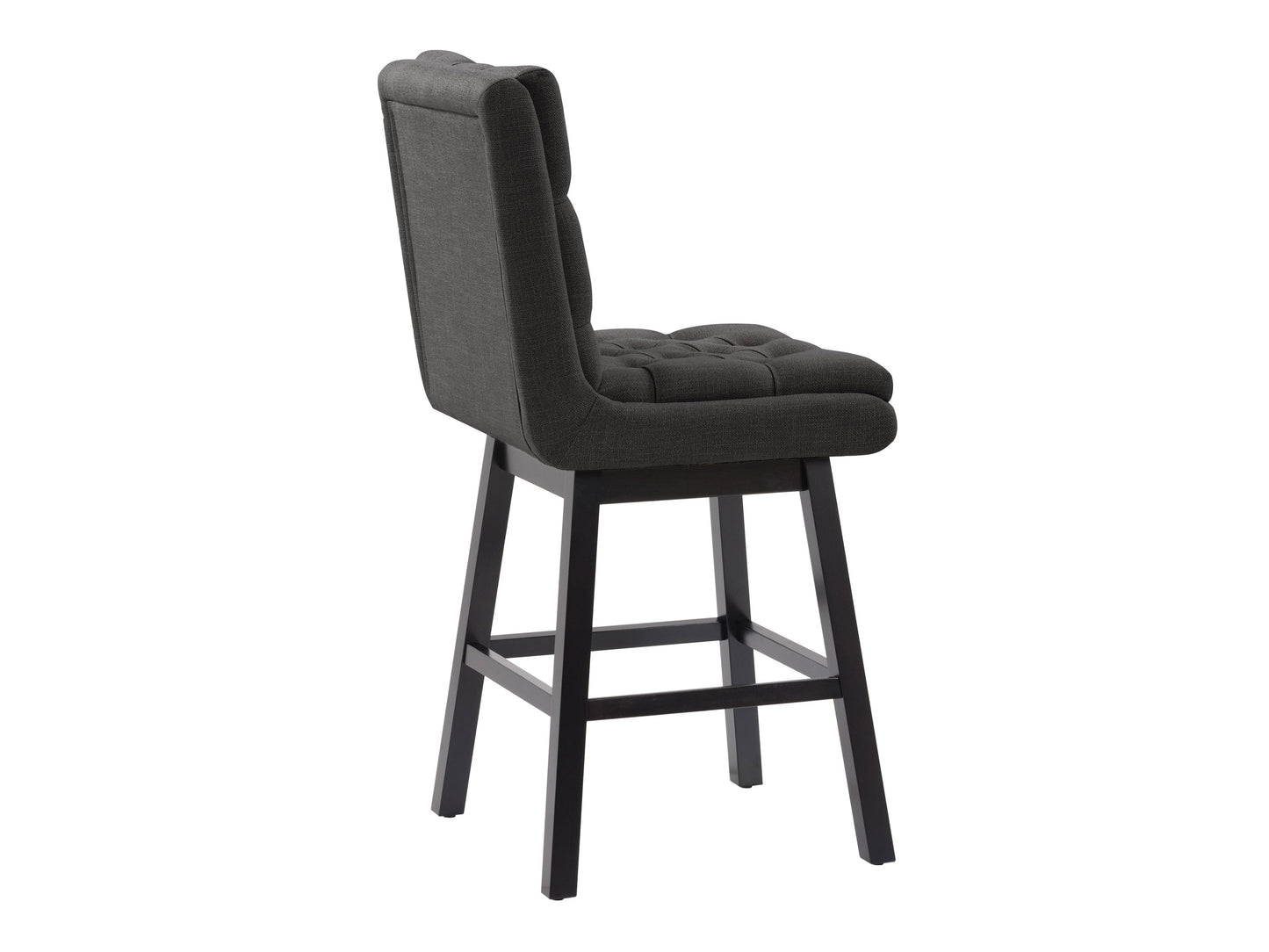 Dark grey button tufted bar stools with wooden legs and footrest, featuring plush fabric upholstery and a classic design, perfect for modern and contemporary kitchen or bar settings.
