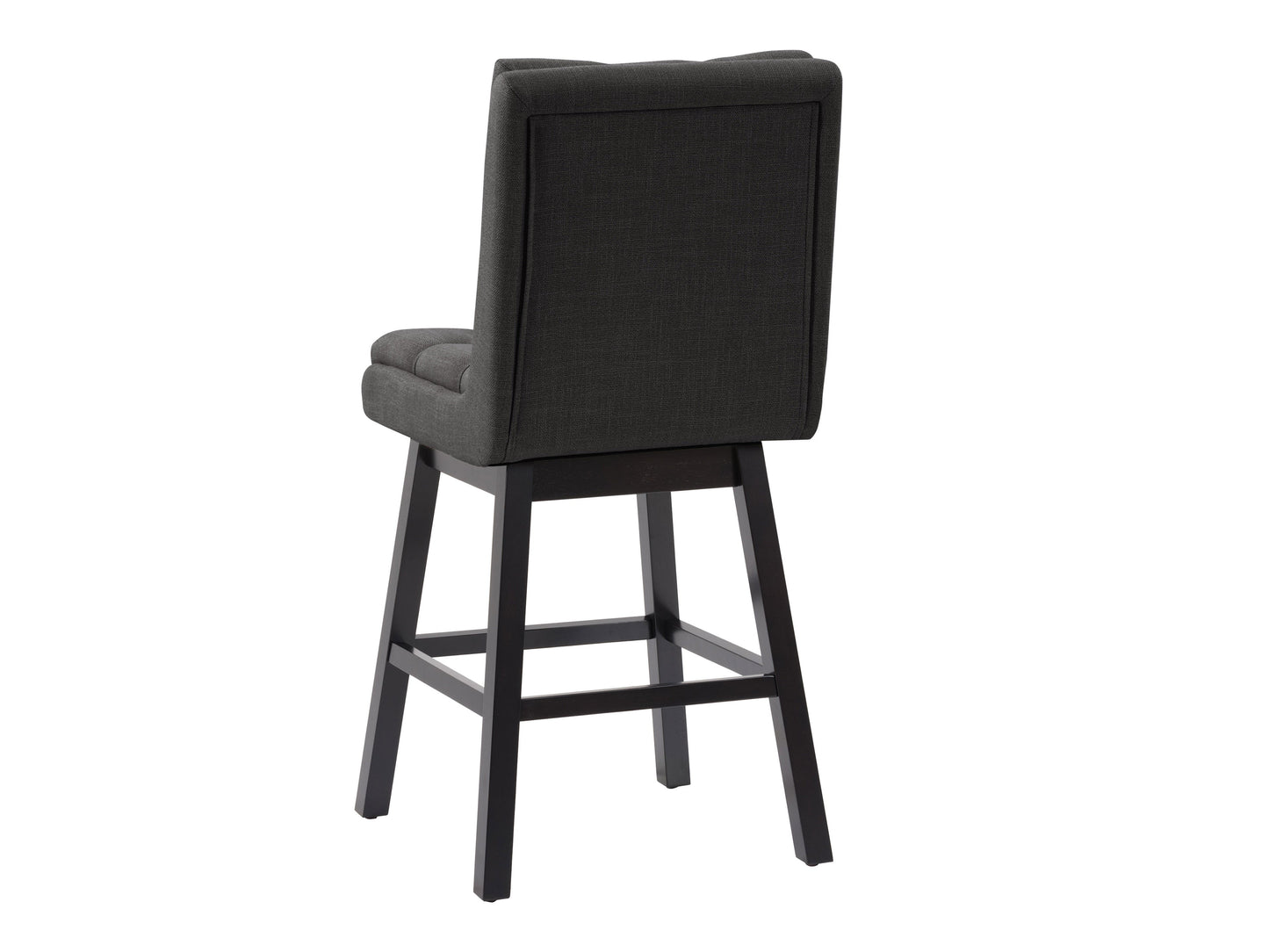 Dark grey button tufted bar stools with wooden legs and footrest, featuring plush fabric upholstery and a classic design, perfect for modern and contemporary kitchen or bar settings.