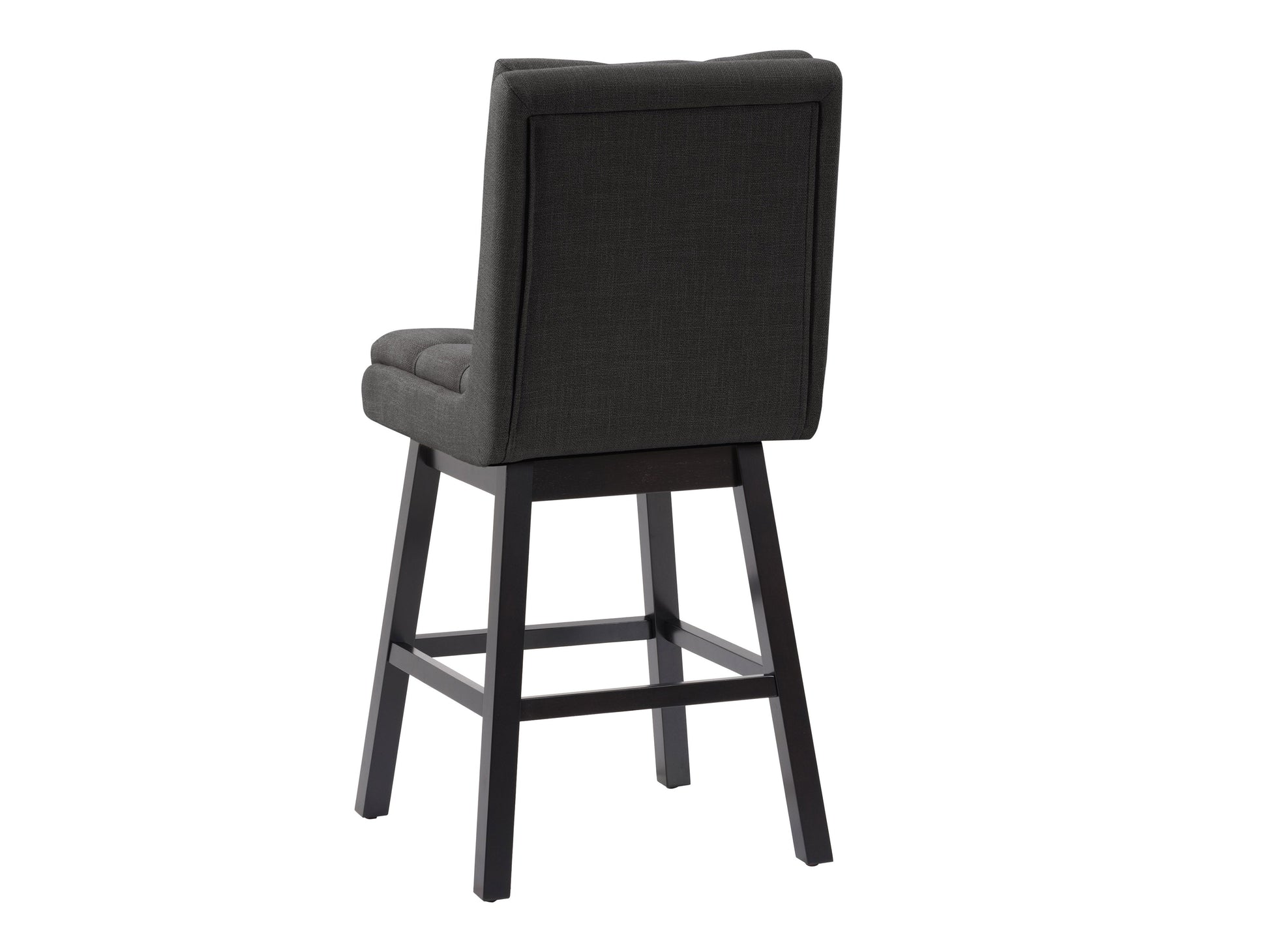 Dark grey button tufted bar stools with wooden legs and footrest, featuring plush fabric upholstery and a classic design, perfect for modern and contemporary kitchen or bar settings.