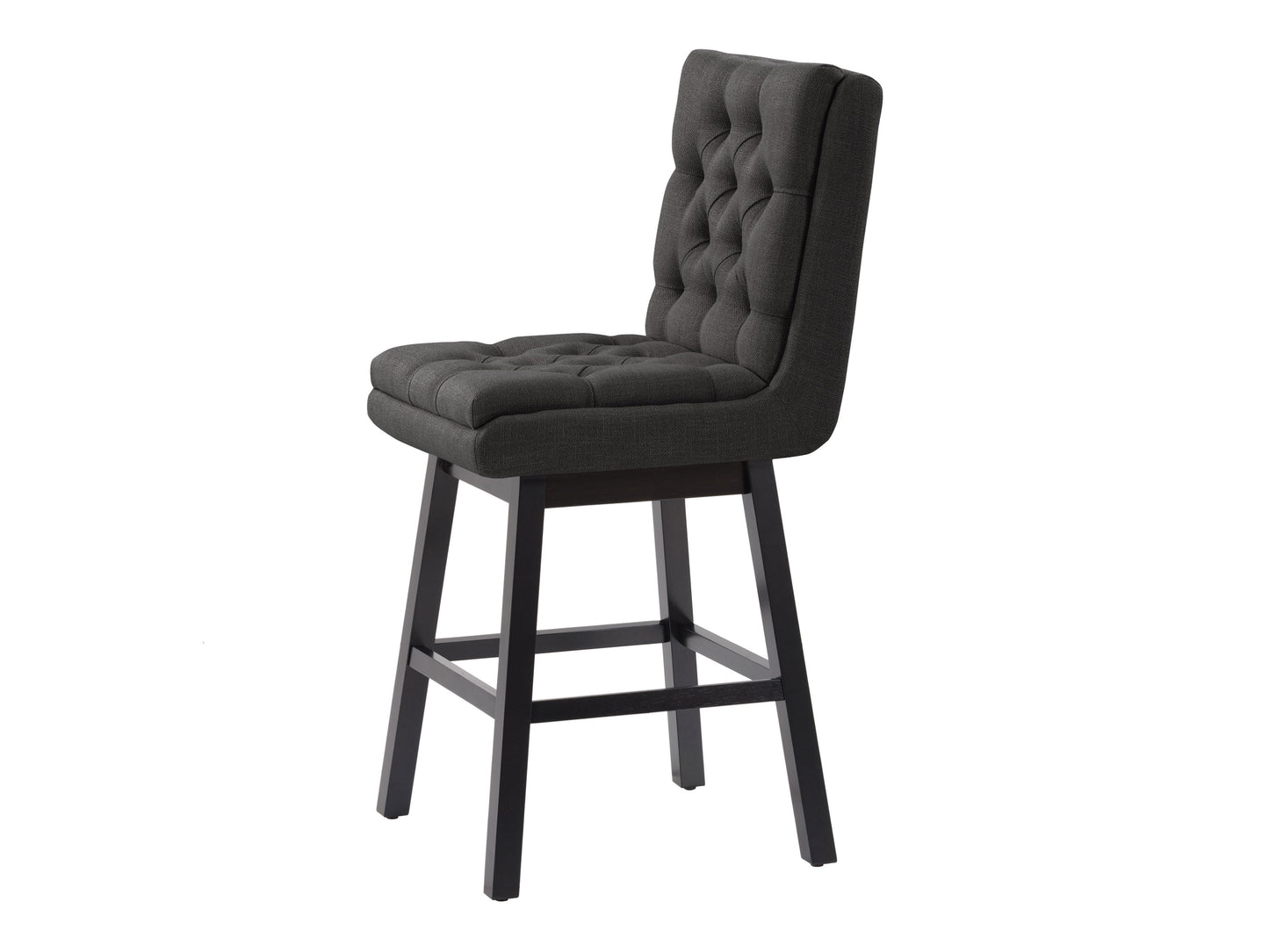 Dark grey button tufted bar stools with wooden legs and footrest, featuring plush fabric upholstery and a classic design, perfect for modern and contemporary kitchen or bar settings.