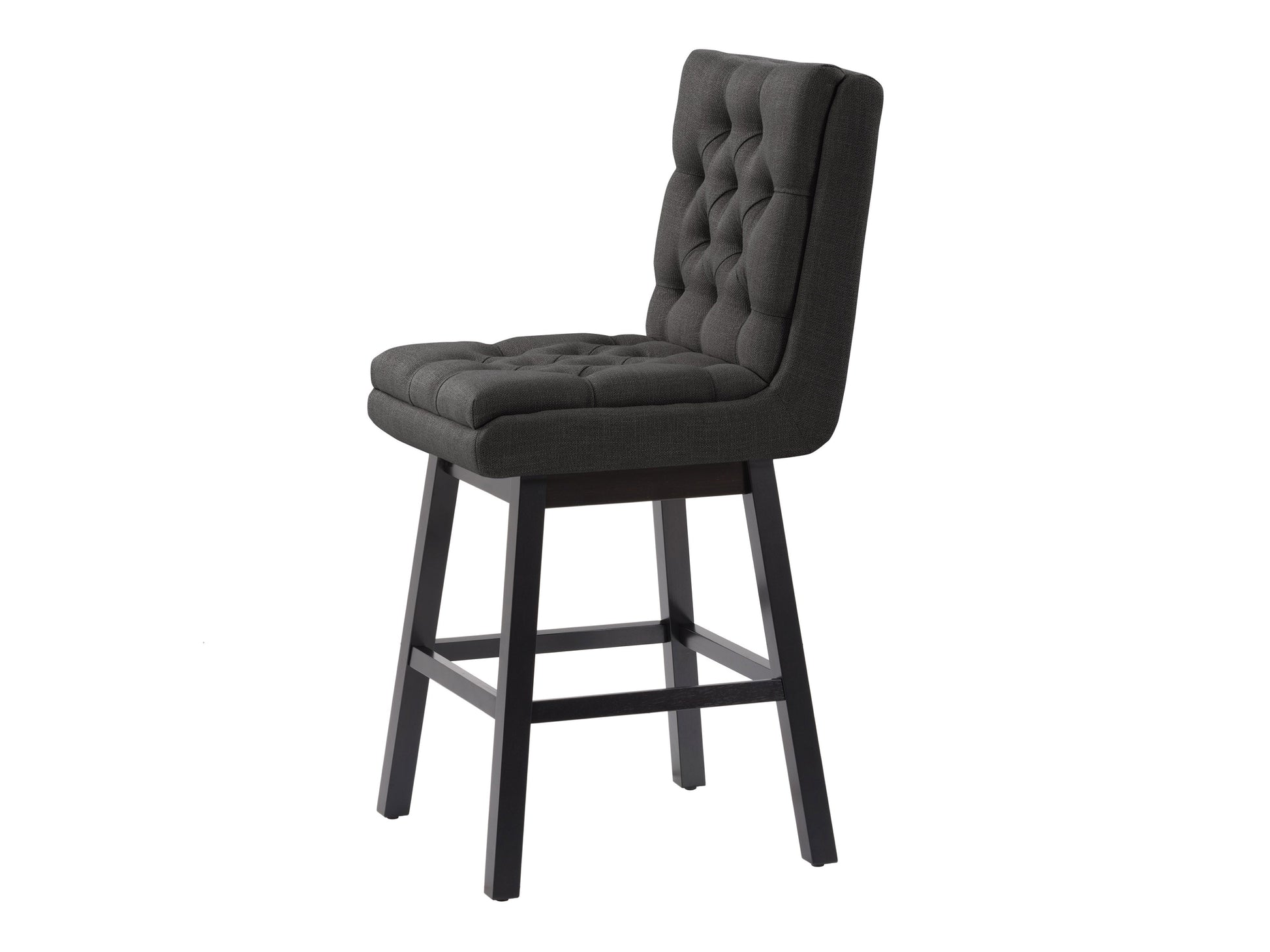Dark grey button tufted bar stools with wooden legs and footrest, featuring plush fabric upholstery and a classic design, perfect for modern and contemporary kitchen or bar settings.