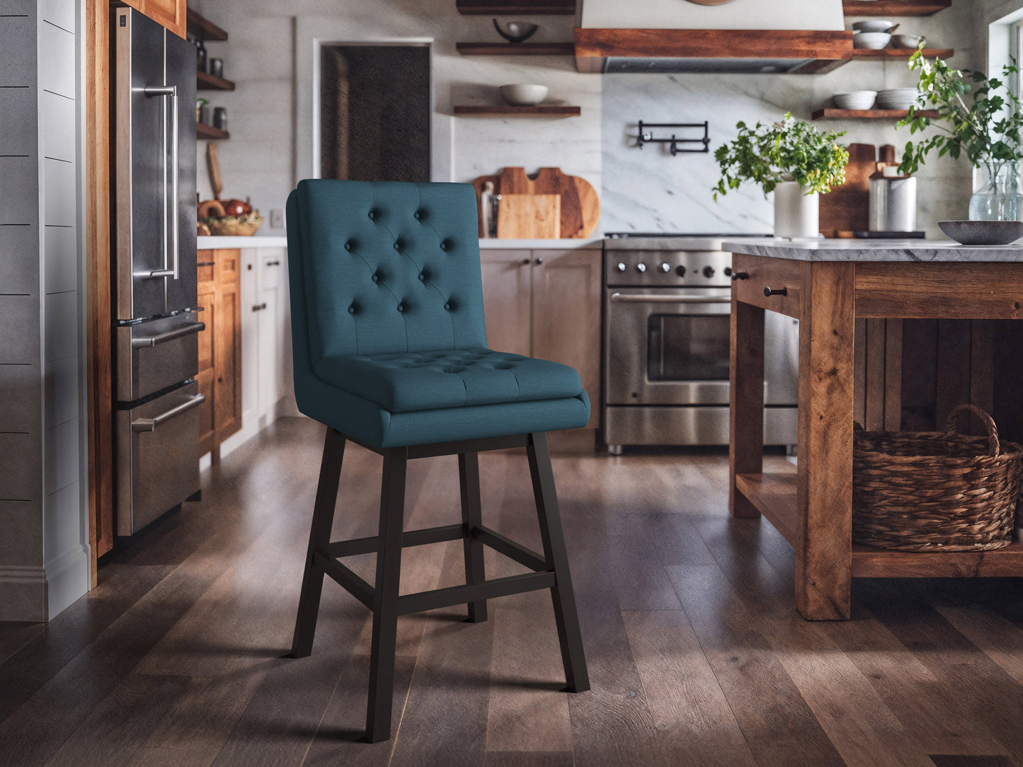 Blue button-tufted bar stools with wooden legs, upholstered in plush velvet fabric. Features a high backrest, comfortable cushioning, and a sleek, modern design perfect for kitchen islands or home bars.