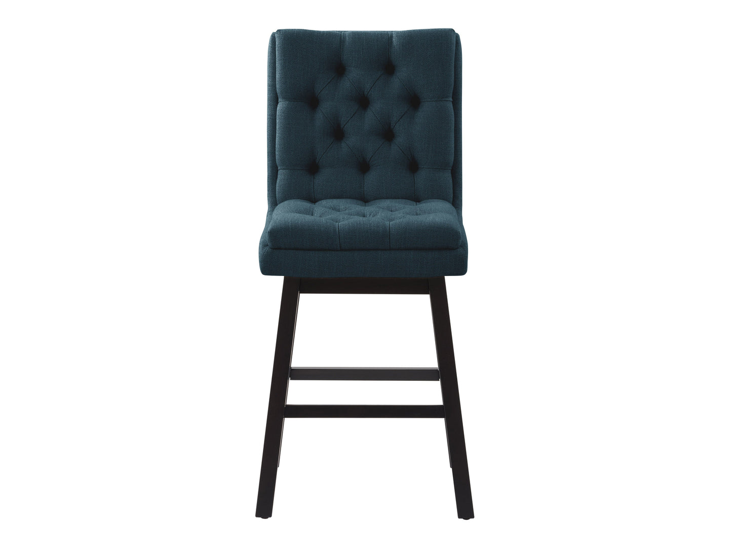 Blue button-tufted bar stools with wooden legs, upholstered in plush velvet fabric. Features a high backrest, comfortable cushioning, and a sleek, modern design perfect for kitchen islands or home bars.