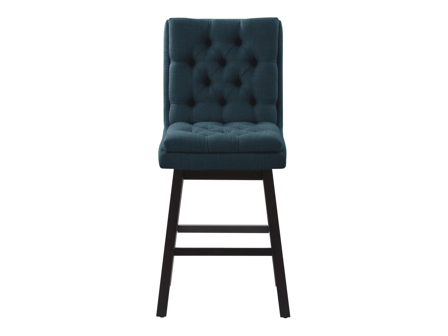 Blue button-tufted bar stools with wooden legs, upholstered in plush velvet fabric. Features a high backrest, comfortable cushioning, and a sleek, modern design perfect for kitchen islands or home bars.