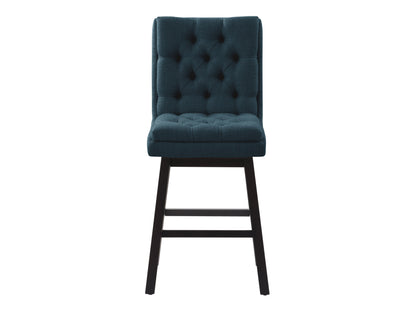Blue button-tufted bar stools with wooden legs, upholstered in plush velvet fabric. Features a high backrest, comfortable cushioning, and a sleek, modern design perfect for kitchen islands or home bars.