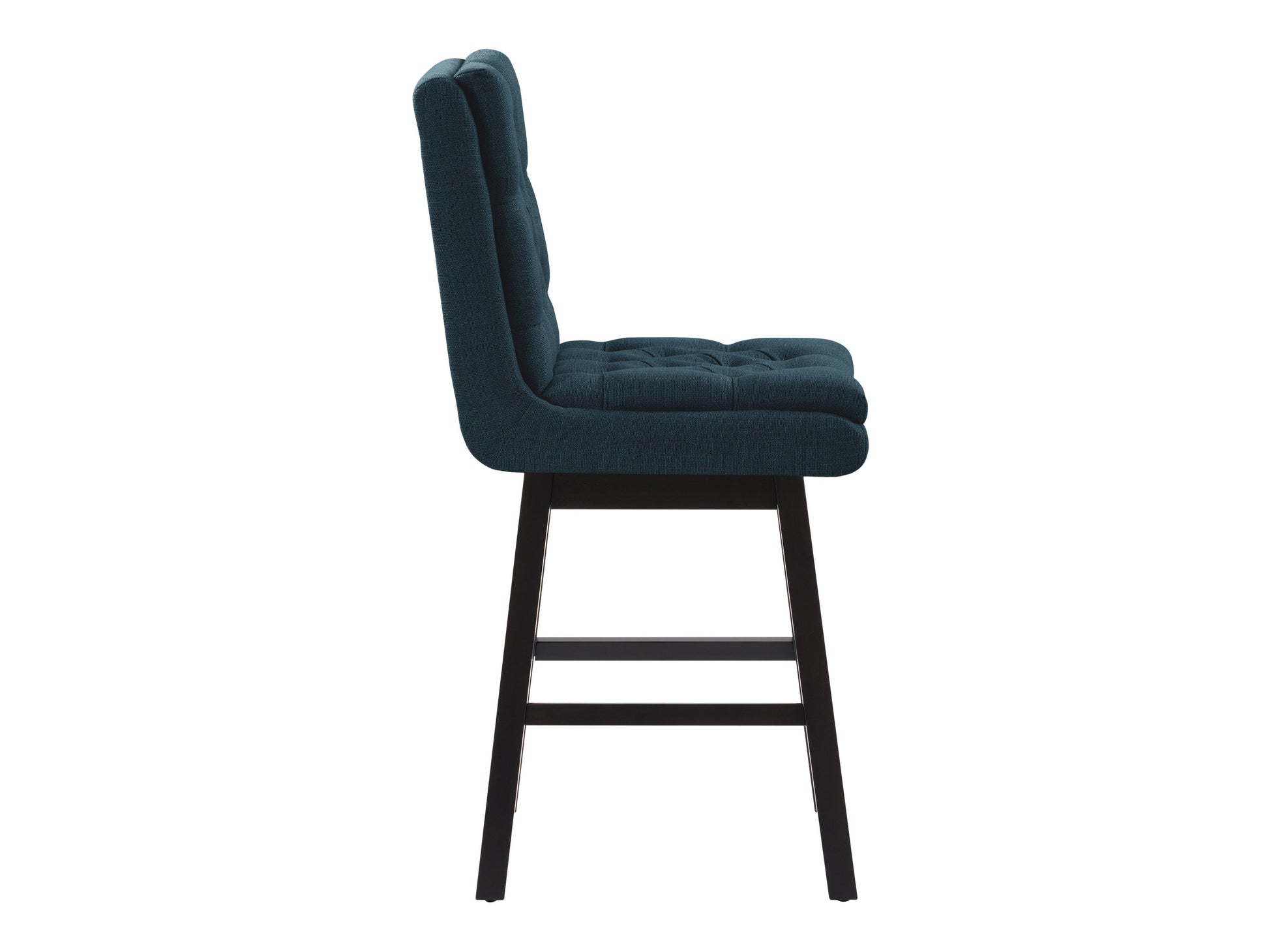 Blue button-tufted bar stools with wooden legs, upholstered in plush velvet fabric. Features a high backrest, comfortable cushioning, and a sleek, modern design perfect for kitchen islands or home bars.
