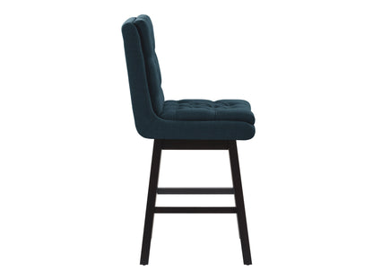 Blue button-tufted bar stools with wooden legs, upholstered in plush velvet fabric. Features a high backrest, comfortable cushioning, and a sleek, modern design perfect for kitchen islands or home bars.