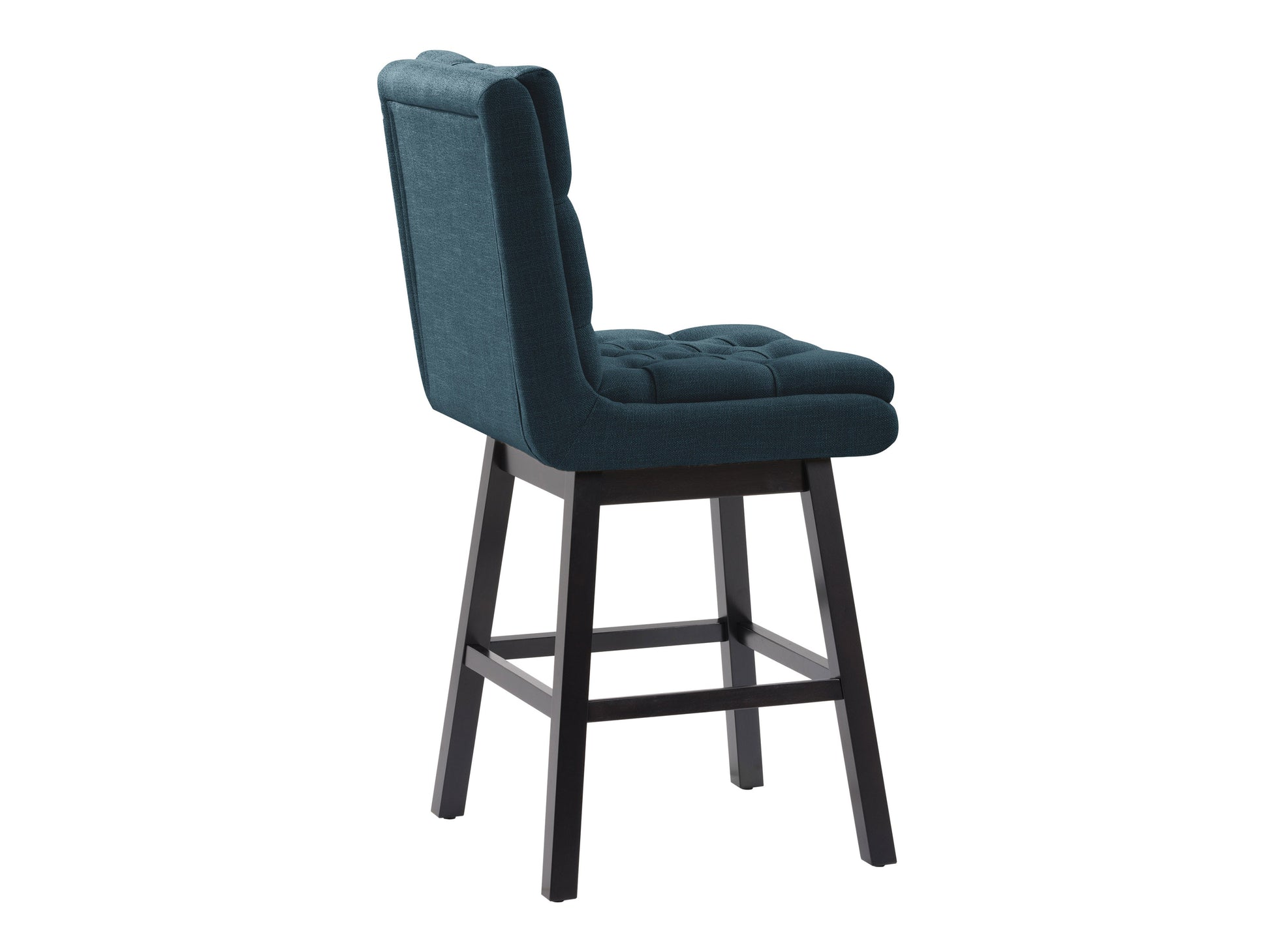 Blue button-tufted bar stools with wooden legs, upholstered in plush velvet fabric. Features a high backrest, comfortable cushioning, and a sleek, modern design perfect for kitchen islands or home bars.