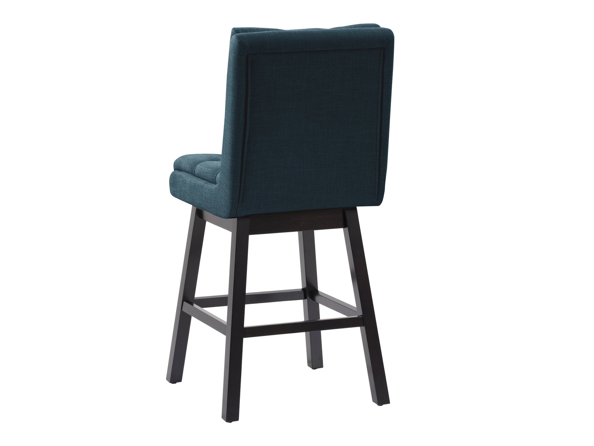 Blue button-tufted bar stools with wooden legs, upholstered in plush velvet fabric. Features a high backrest, comfortable cushioning, and a sleek, modern design perfect for kitchen islands or home bars.