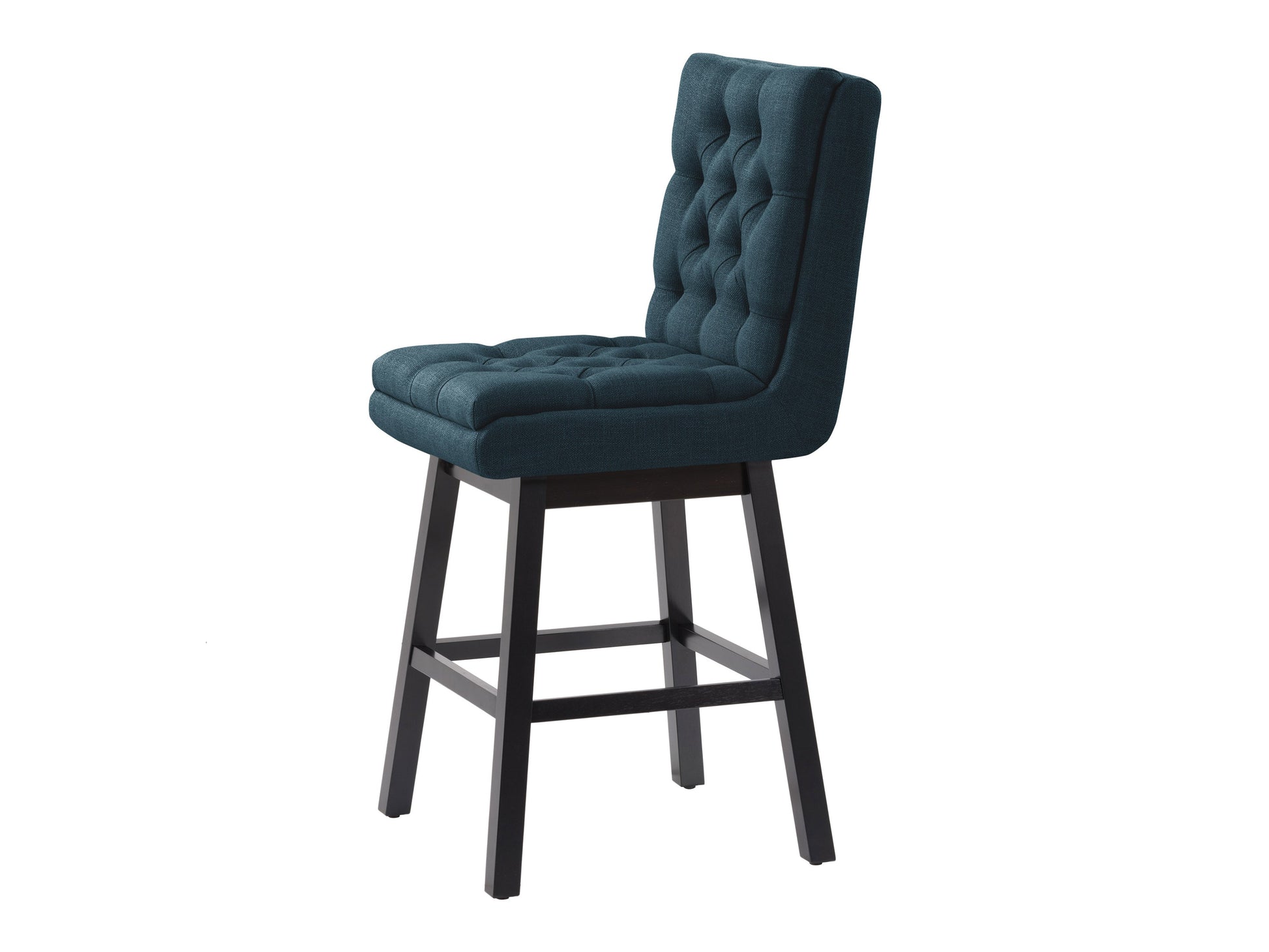 Blue button-tufted bar stools with wooden legs, upholstered in plush velvet fabric. Features a high backrest, comfortable cushioning, and a sleek, modern design perfect for kitchen islands or home bars.