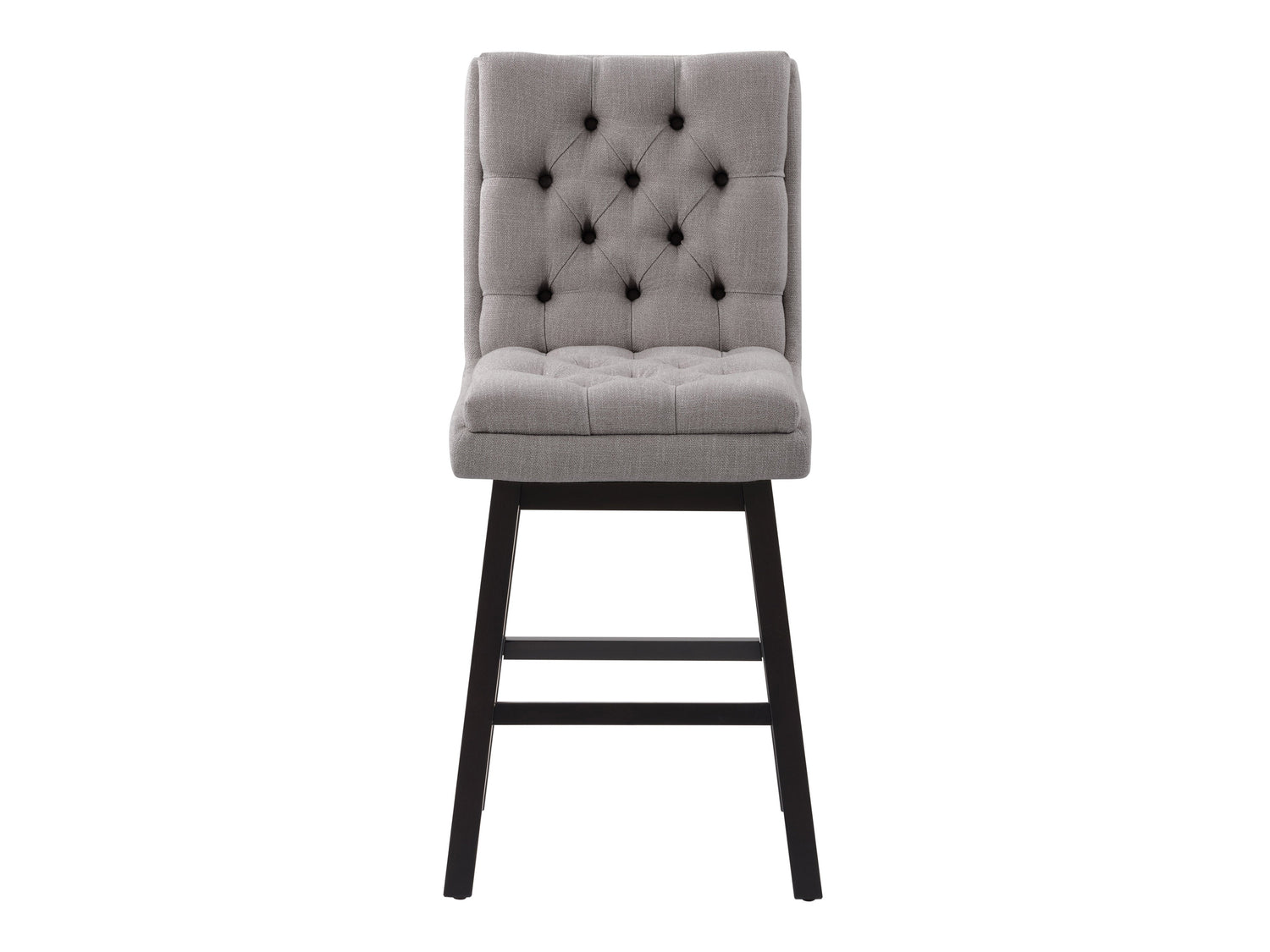 Light grey button tufted bar stool with wooden legs, featuring plush upholstery, elegant button detailing, and a comfortable footrest. Ideal for modern kitchens and home bars.