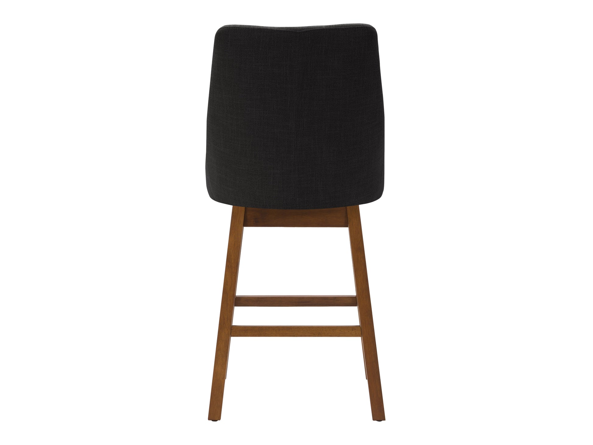 Dark grey modern bar stools with sleek metal legs, upholstered in soft fabric, featuring ergonomic design and footrest. Ideal for contemporary kitchen or bar settings.