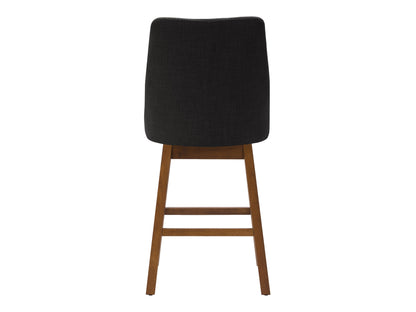 Dark grey modern bar stools with sleek metal legs, upholstered in soft fabric, featuring ergonomic design and footrest. Ideal for contemporary kitchen or bar settings.