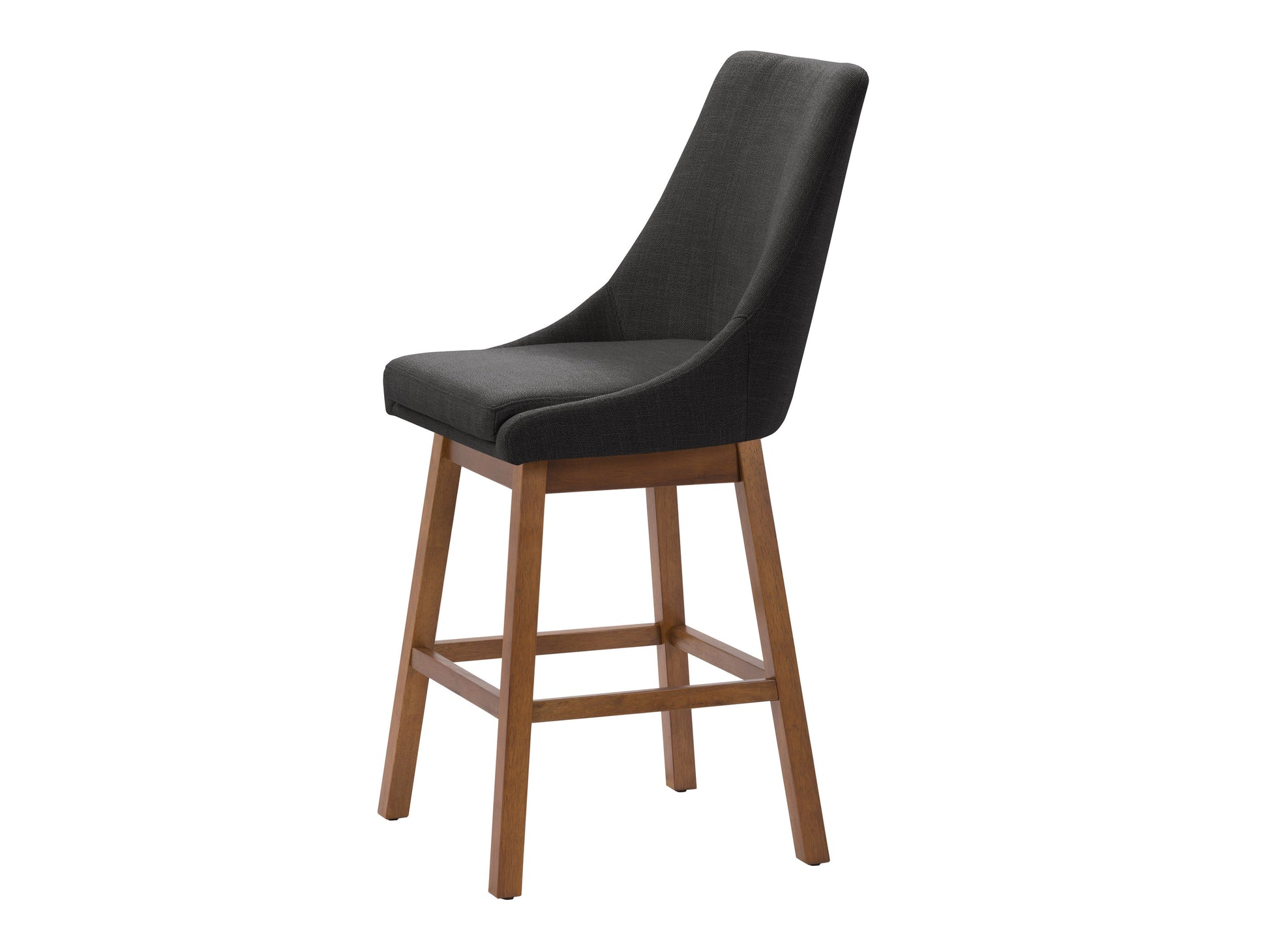 Dark grey modern bar stools with sleek metal legs, upholstered in soft fabric, featuring ergonomic design and footrest. Ideal for contemporary kitchen or bar settings.