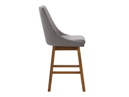 Light grey modern bar stools with cushioned seats, sleek metal legs, and footrests. Ideal for contemporary kitchens or bars, these stools feature a minimalist design and durable fabric upholstery.