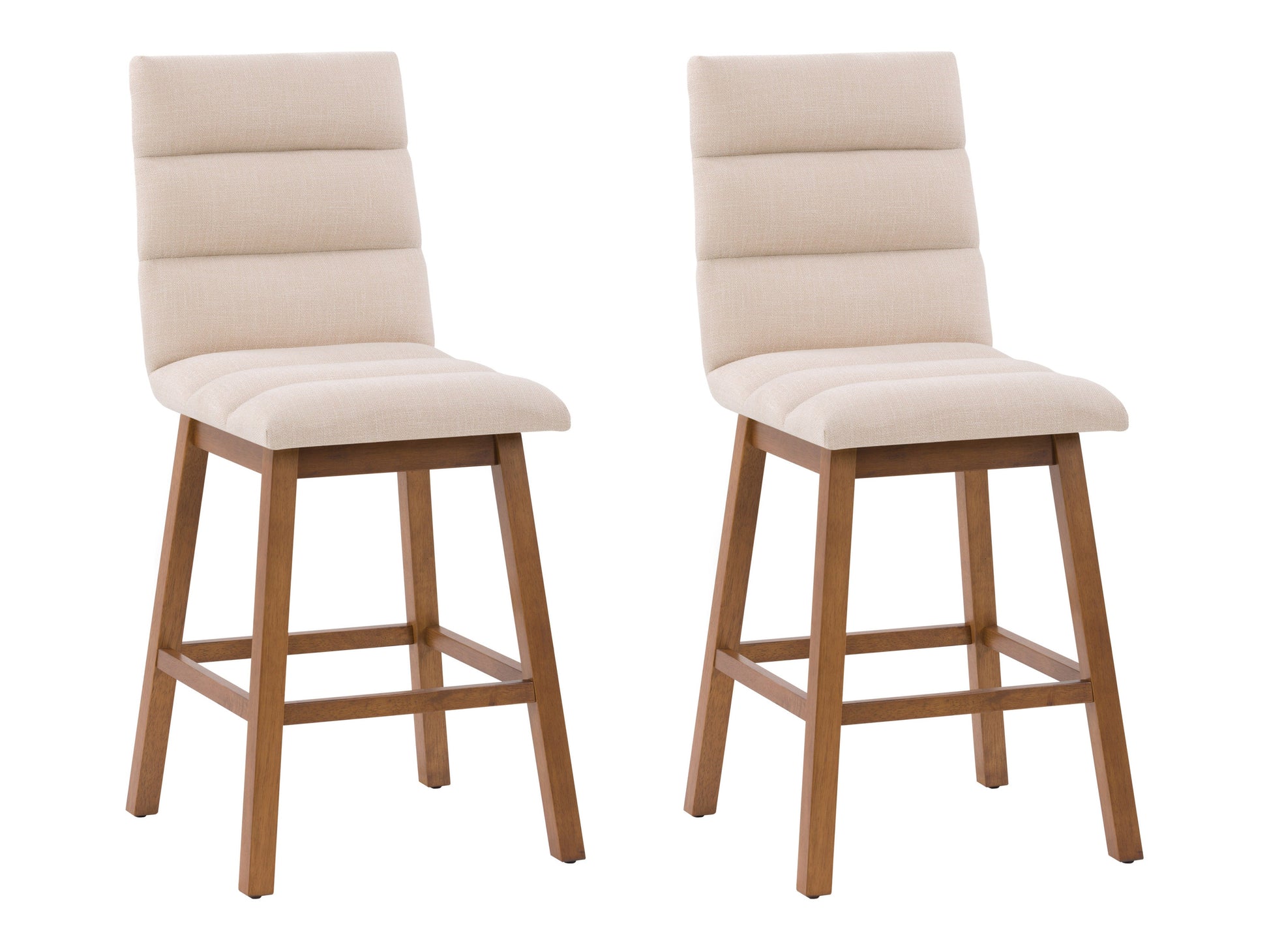 Beige channel tufted bar stool with wooden legs, soft fabric upholstery, and modern design. Ideal for kitchen islands or home bars.