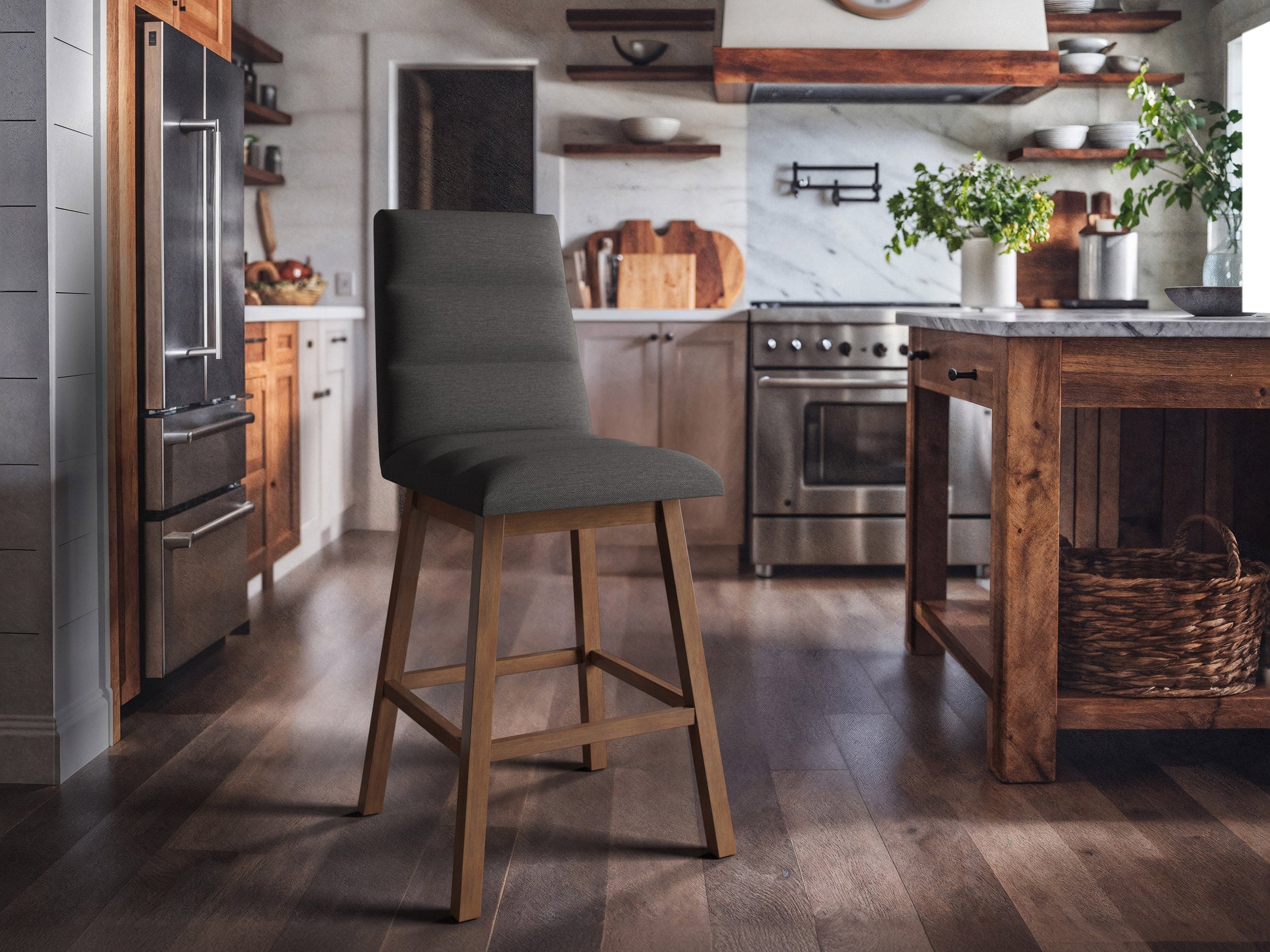 Dark grey channel tufted bar stool with plush velvet upholstery, sleek black metal legs, and a comfortable, modern design perfect for kitchen counters or home bars.