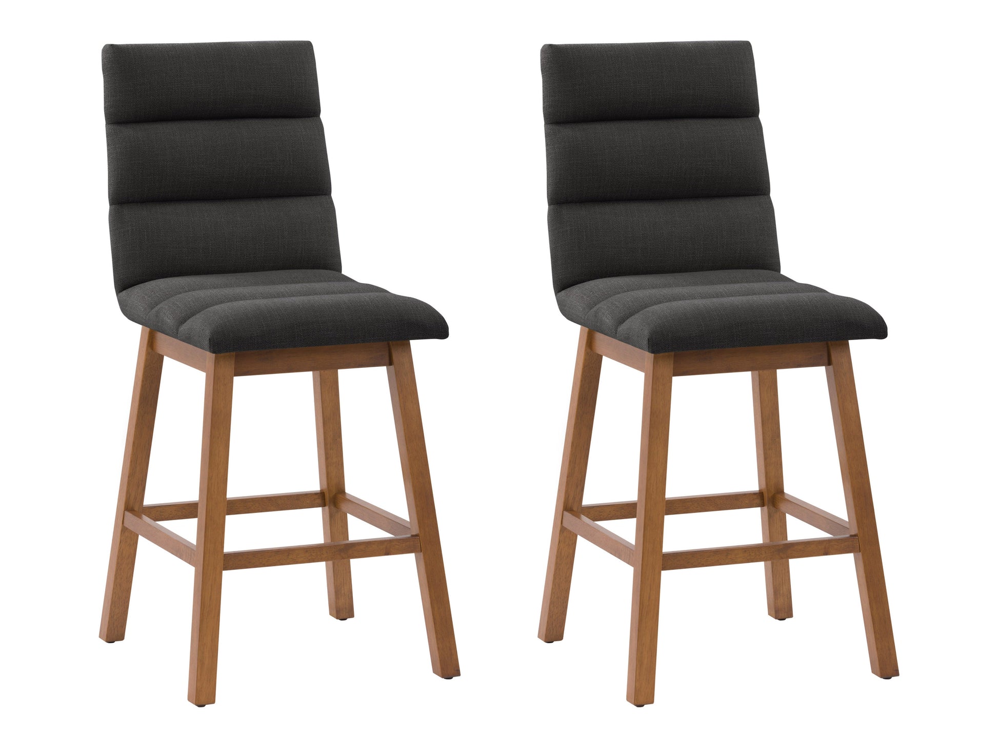 Dark grey channel tufted bar stool with plush velvet upholstery, sleek black metal legs, and a comfortable, modern design perfect for kitchen counters or home bars.
