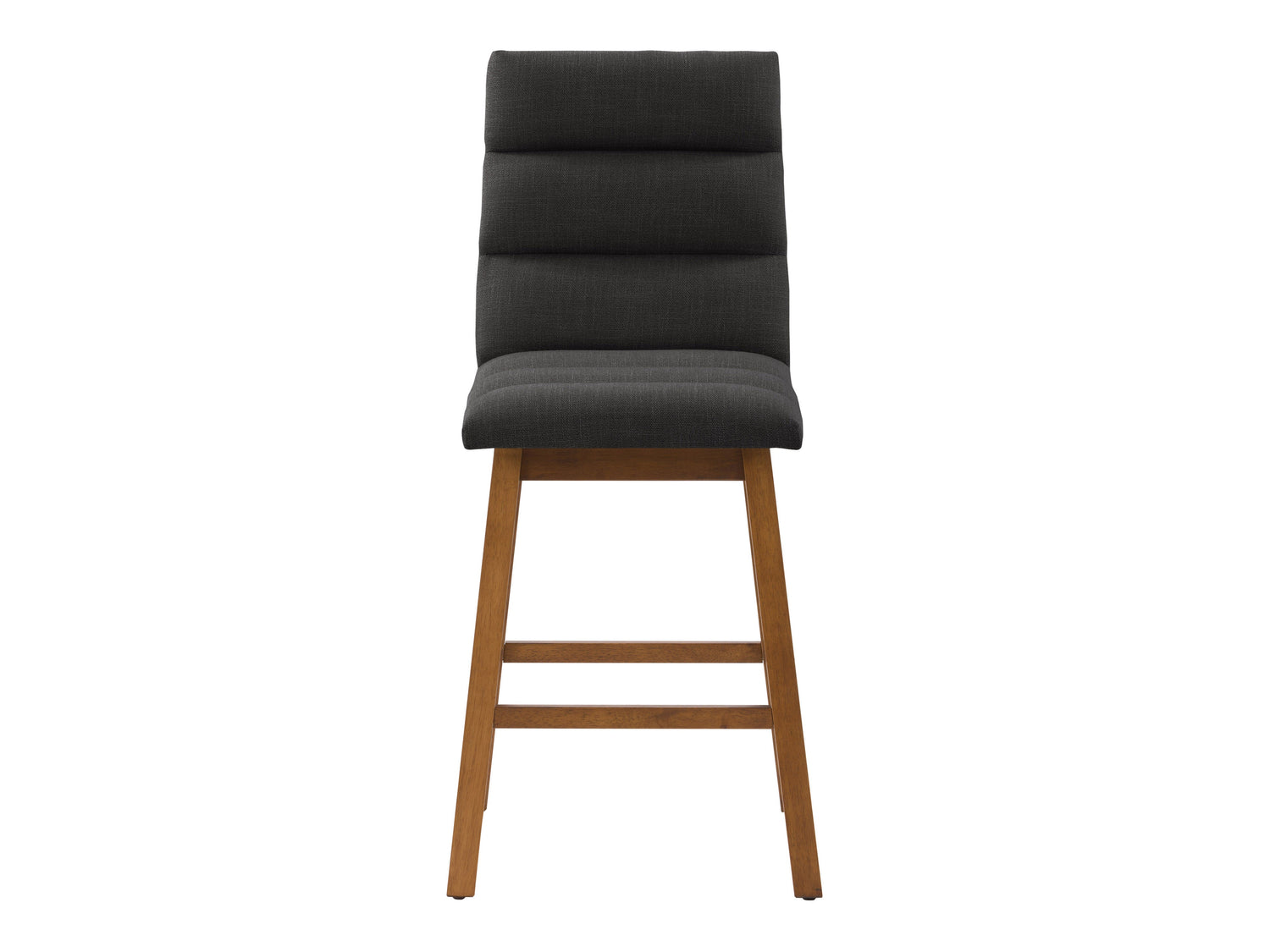 Dark grey channel tufted bar stool with plush velvet upholstery, sleek black metal legs, and a comfortable, modern design perfect for kitchen counters or home bars.