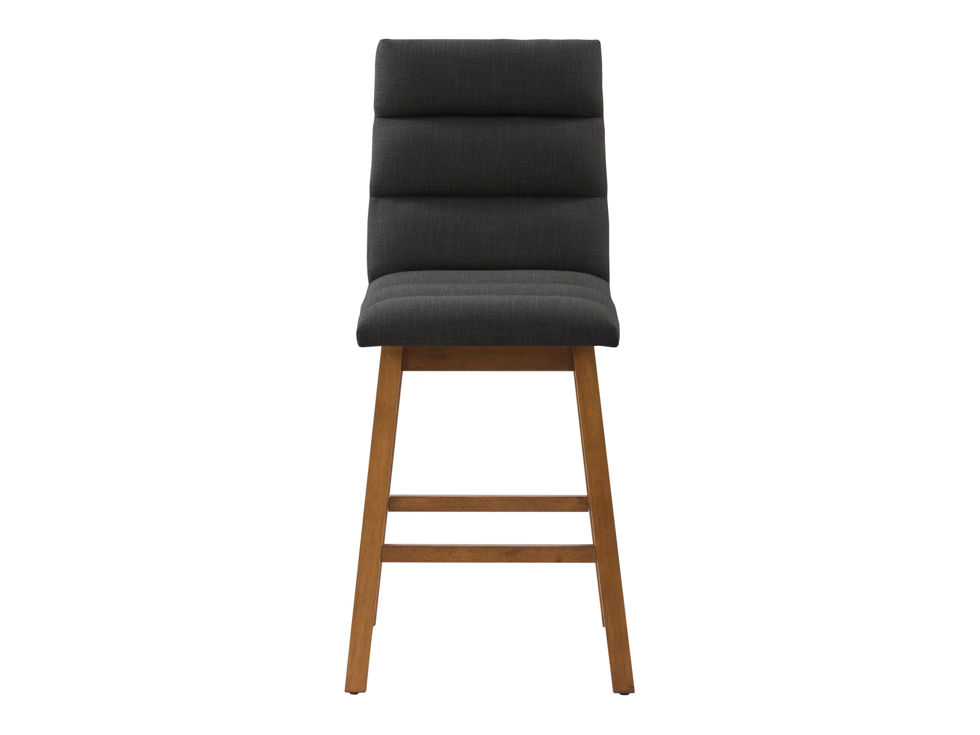 Dark grey channel tufted bar stool with plush velvet upholstery, sleek black metal legs, and a comfortable, modern design perfect for kitchen counters or home bars.