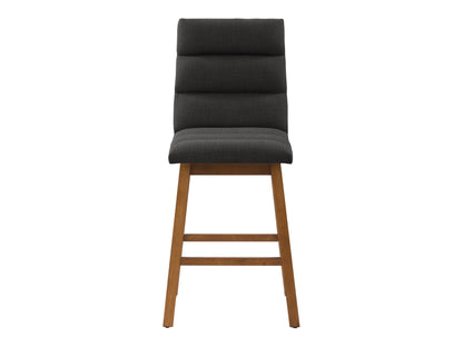 Dark grey channel tufted bar stool with plush velvet upholstery, sleek black metal legs, and a comfortable, modern design perfect for kitchen counters or home bars.