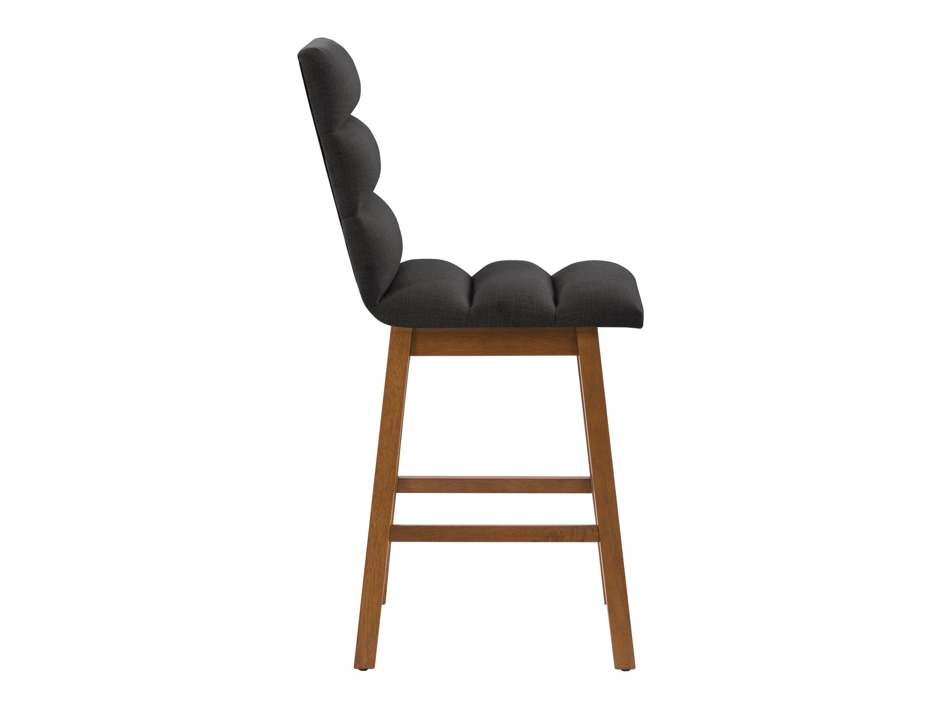 Dark grey channel tufted bar stool with plush velvet upholstery, sleek black metal legs, and a comfortable, modern design perfect for kitchen counters or home bars.