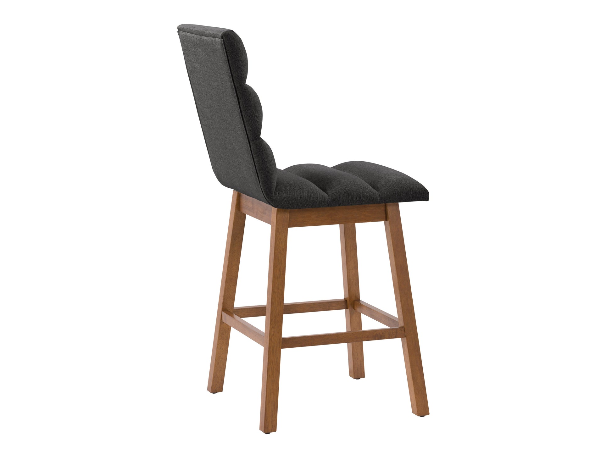 Dark grey channel tufted bar stool with plush velvet upholstery, sleek black metal legs, and a comfortable, modern design perfect for kitchen counters or home bars.