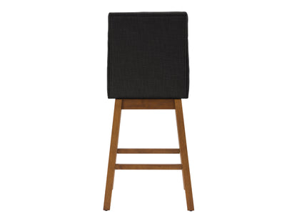 Dark grey channel tufted bar stool with plush velvet upholstery, sleek black metal legs, and a comfortable, modern design perfect for kitchen counters or home bars.