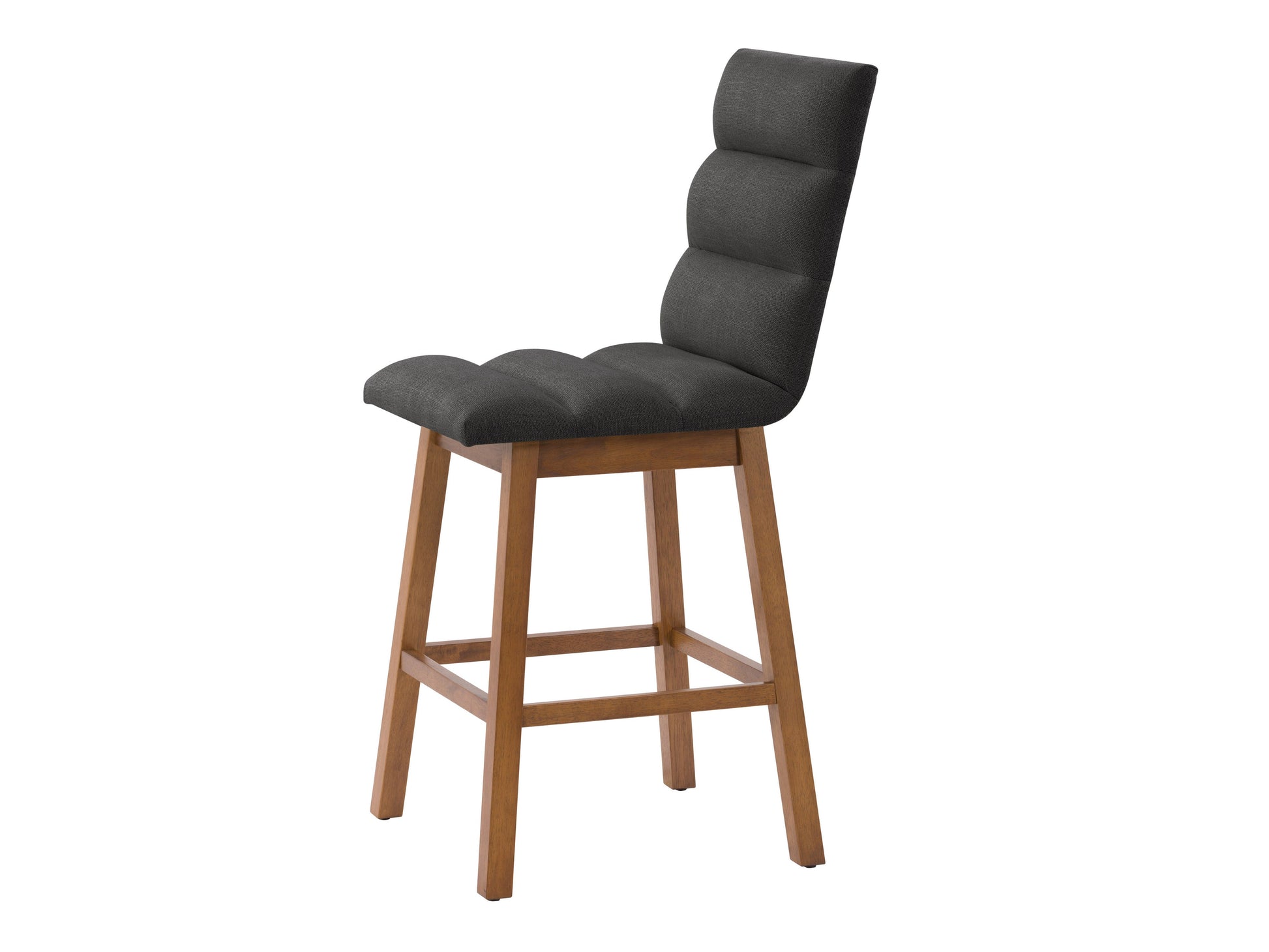 Dark grey channel tufted bar stool with plush velvet upholstery, sleek black metal legs, and a comfortable, modern design perfect for kitchen counters or home bars.