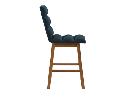 Blue channel tufted bar stools with black metal legs, featuring plush velvet upholstery and a modern design. Perfect for kitchen islands or home bars, combining comfort and style.