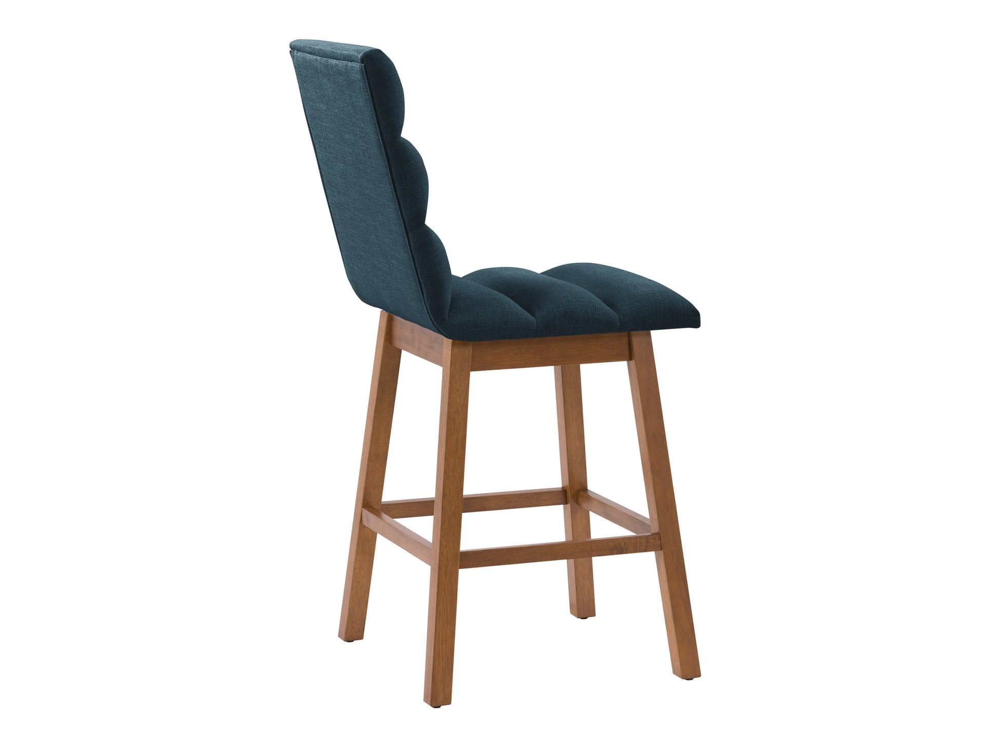 Blue channel tufted bar stools with black metal legs, featuring plush velvet upholstery and a modern design. Perfect for kitchen islands or home bars, combining comfort and style.