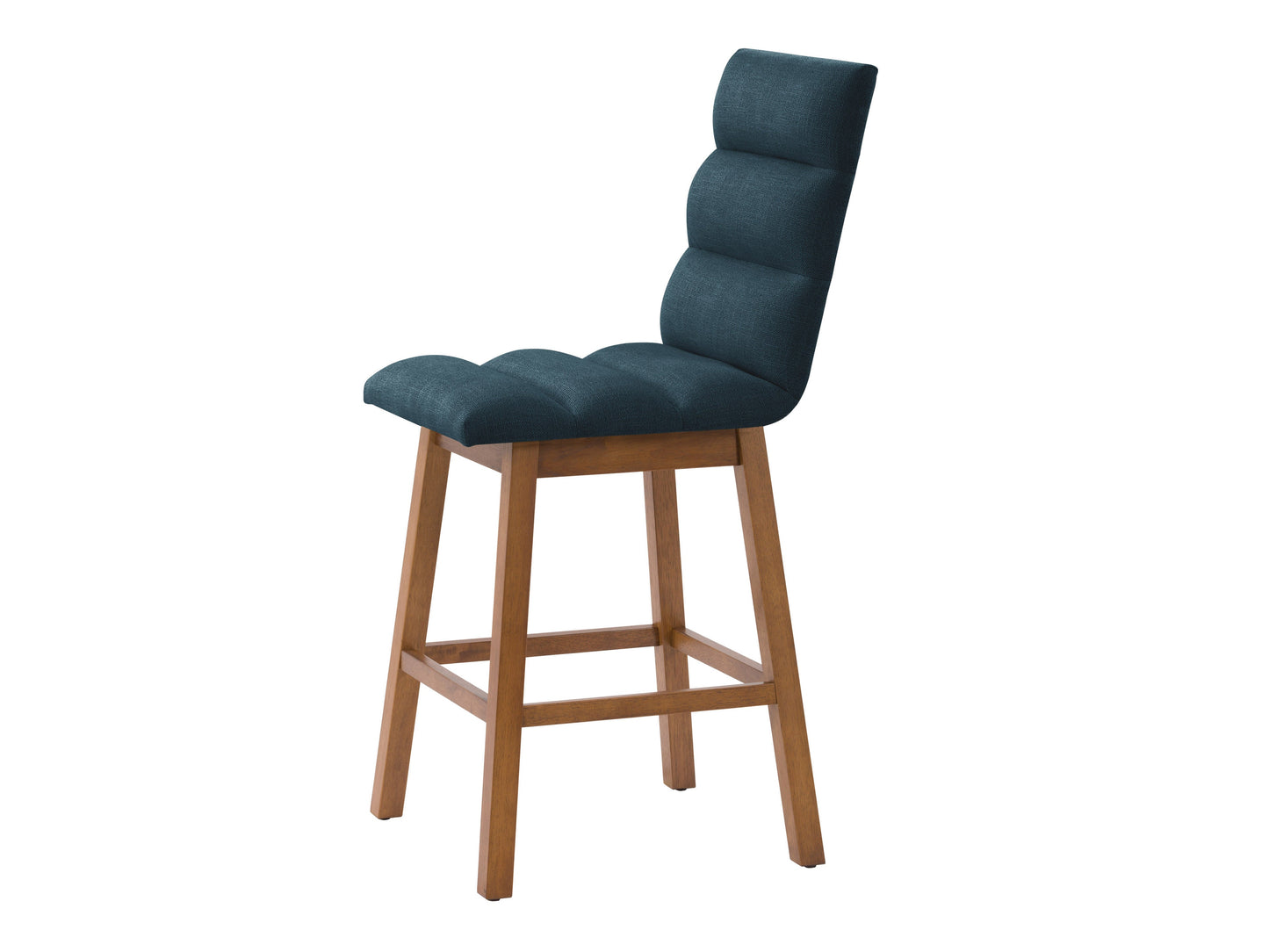 Blue channel tufted bar stools with black metal legs, featuring plush velvet upholstery and a modern design. Perfect for kitchen islands or home bars, combining comfort and style.