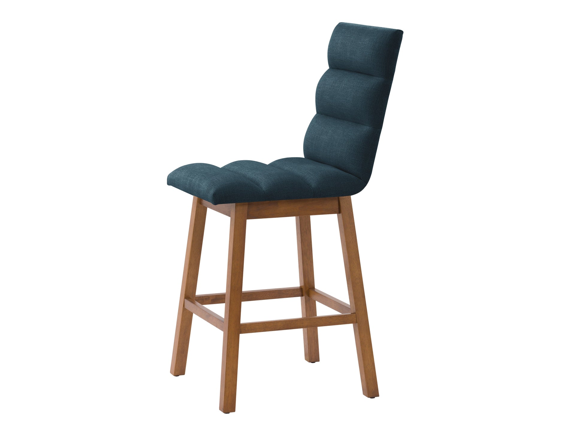 Blue channel tufted bar stools with black metal legs, featuring plush velvet upholstery and a modern design. Perfect for kitchen islands or home bars, combining comfort and style.