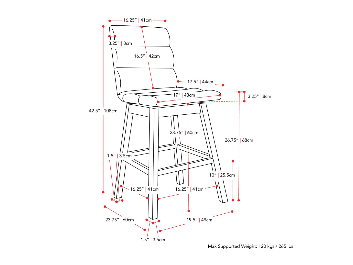 Light grey channel tufted bar stool with sleek metal legs, upholstered in soft fabric, featuring a comfortable high back and modern design, perfect for kitchen islands or home bars.