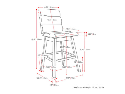 Light grey channel tufted bar stool with sleek metal legs, upholstered in soft fabric, featuring a comfortable high back and modern design, perfect for kitchen islands or home bars.
