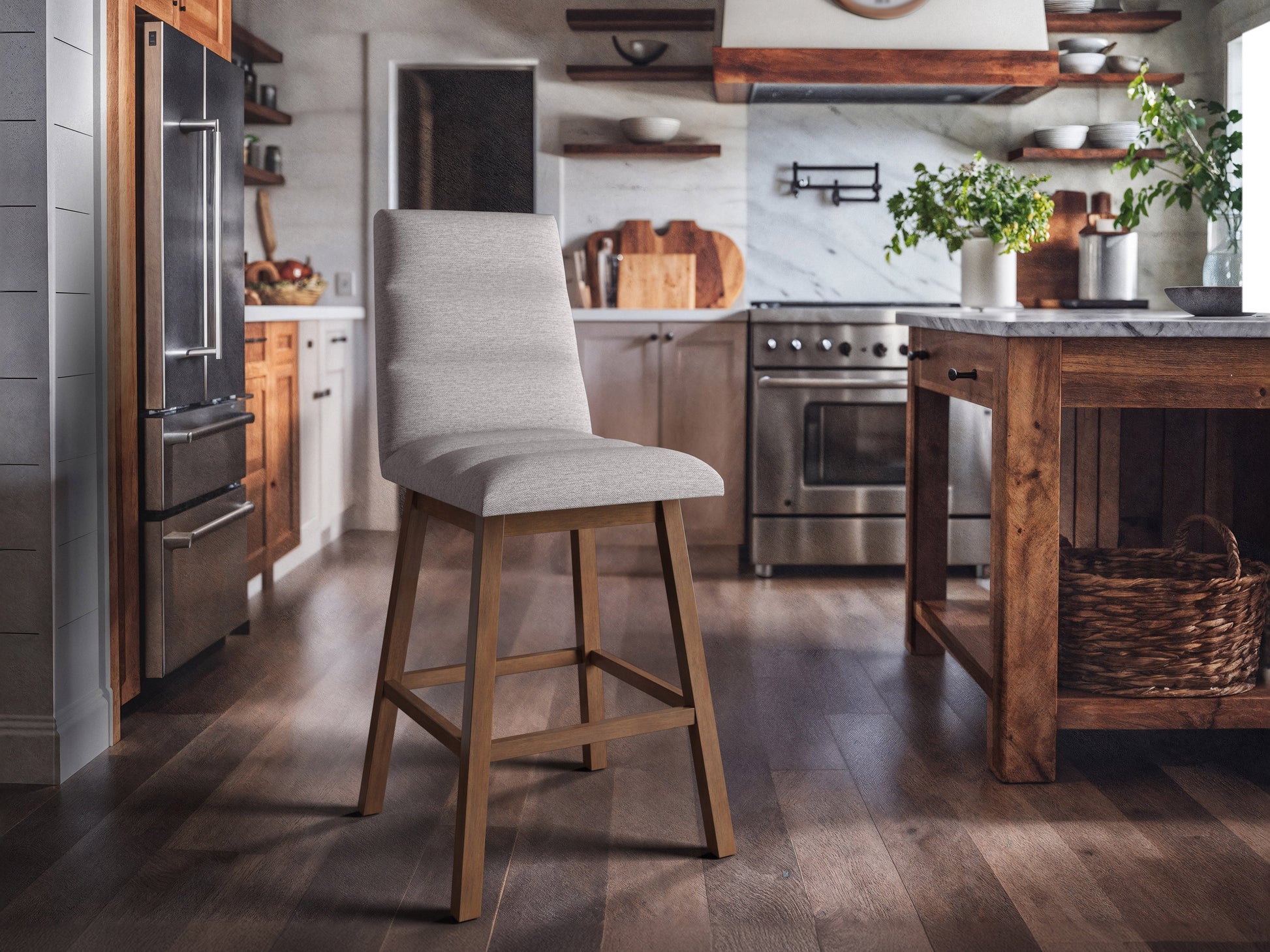 Light grey channel tufted bar stool with sleek metal legs, upholstered in soft fabric, featuring a comfortable high back and modern design, perfect for kitchen islands or home bars.