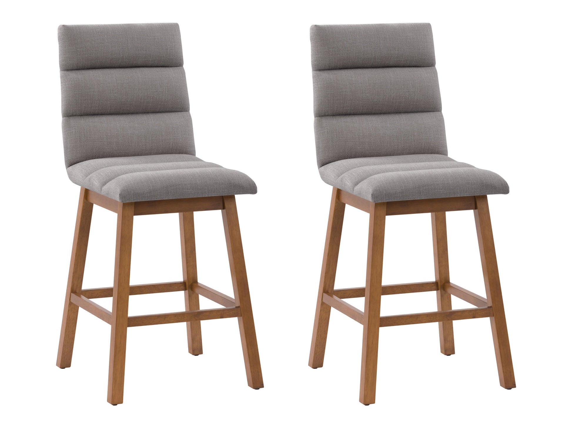 Light grey channel tufted bar stool with sleek metal legs, upholstered in soft fabric, featuring a comfortable high back and modern design, perfect for kitchen islands or home bars.