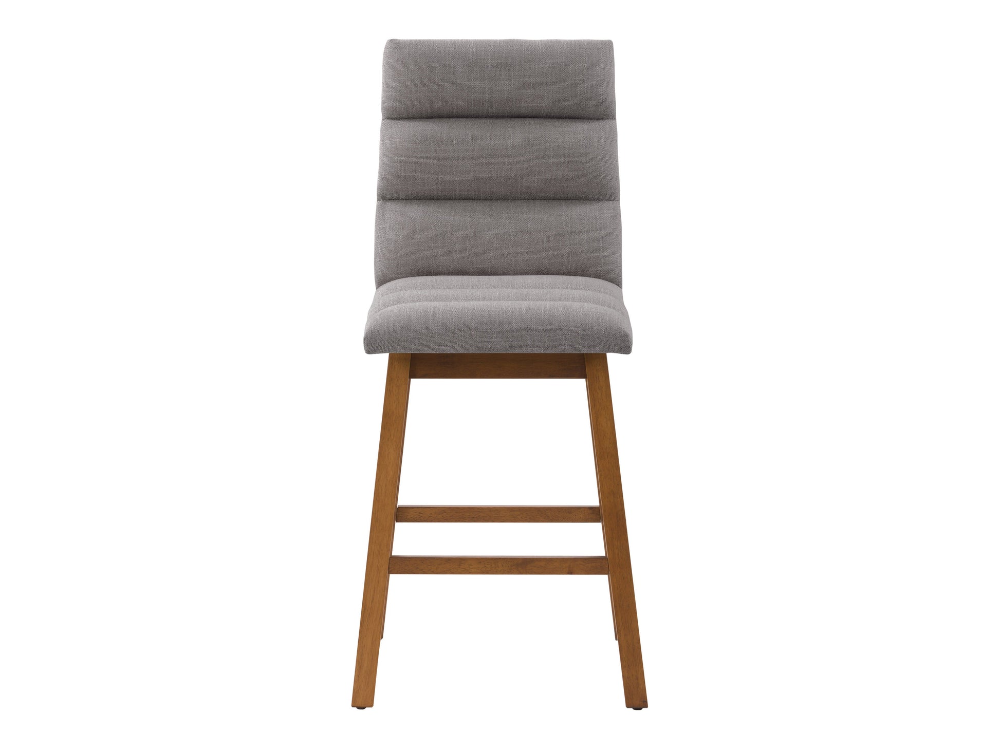 Light grey channel tufted bar stool with sleek metal legs, upholstered in soft fabric, featuring a comfortable high back and modern design, perfect for kitchen islands or home bars.
